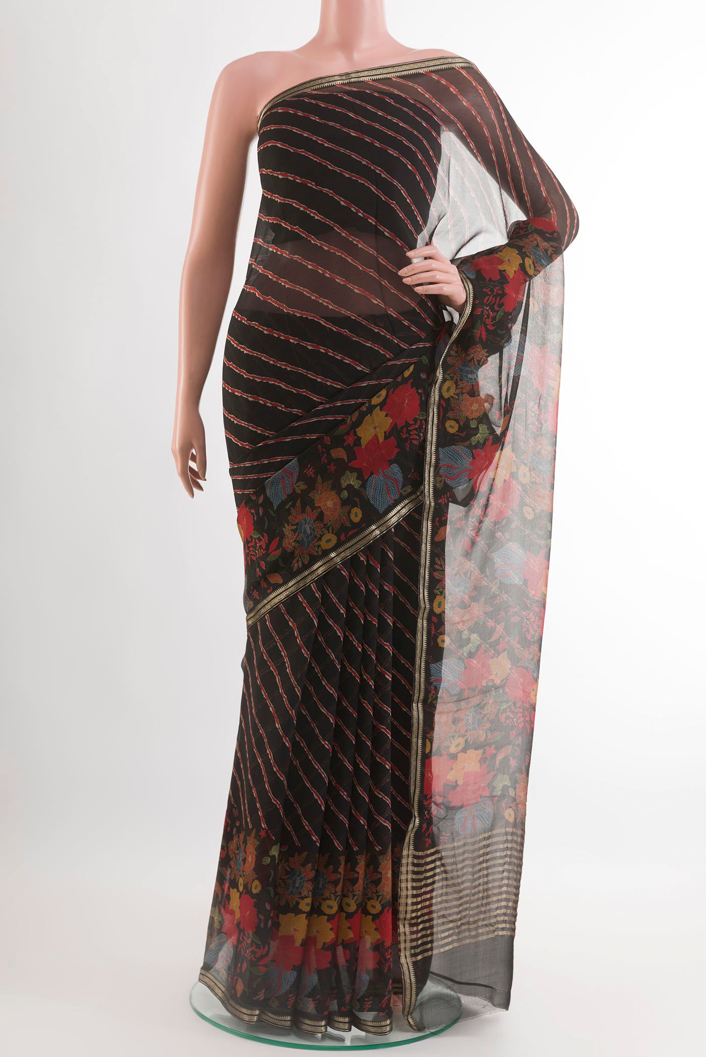 Black Mysore Chiffon Saree with Plain Body and Plain Border.  displayed on a mannequin