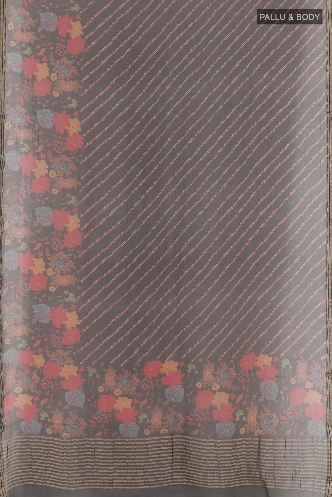 Flat view of Black Mysore Chiffon Saree with Plain Body and Plain Border. 