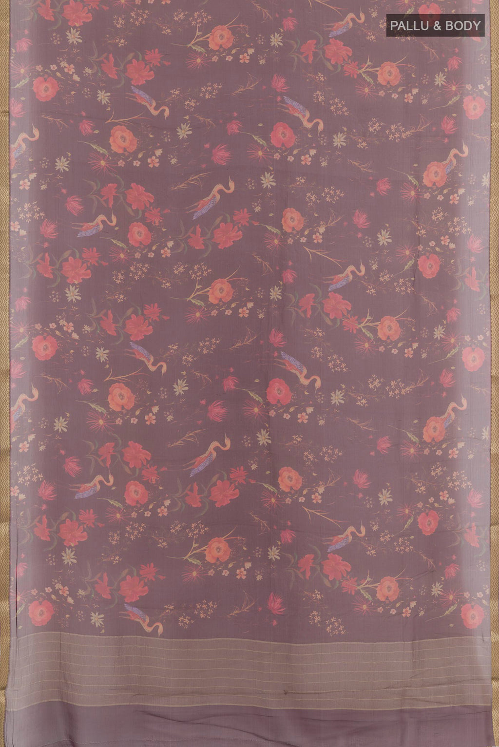 Flat view of Maroon Mysore Chiffon Saree with Printed design on the body and Plain Border. 