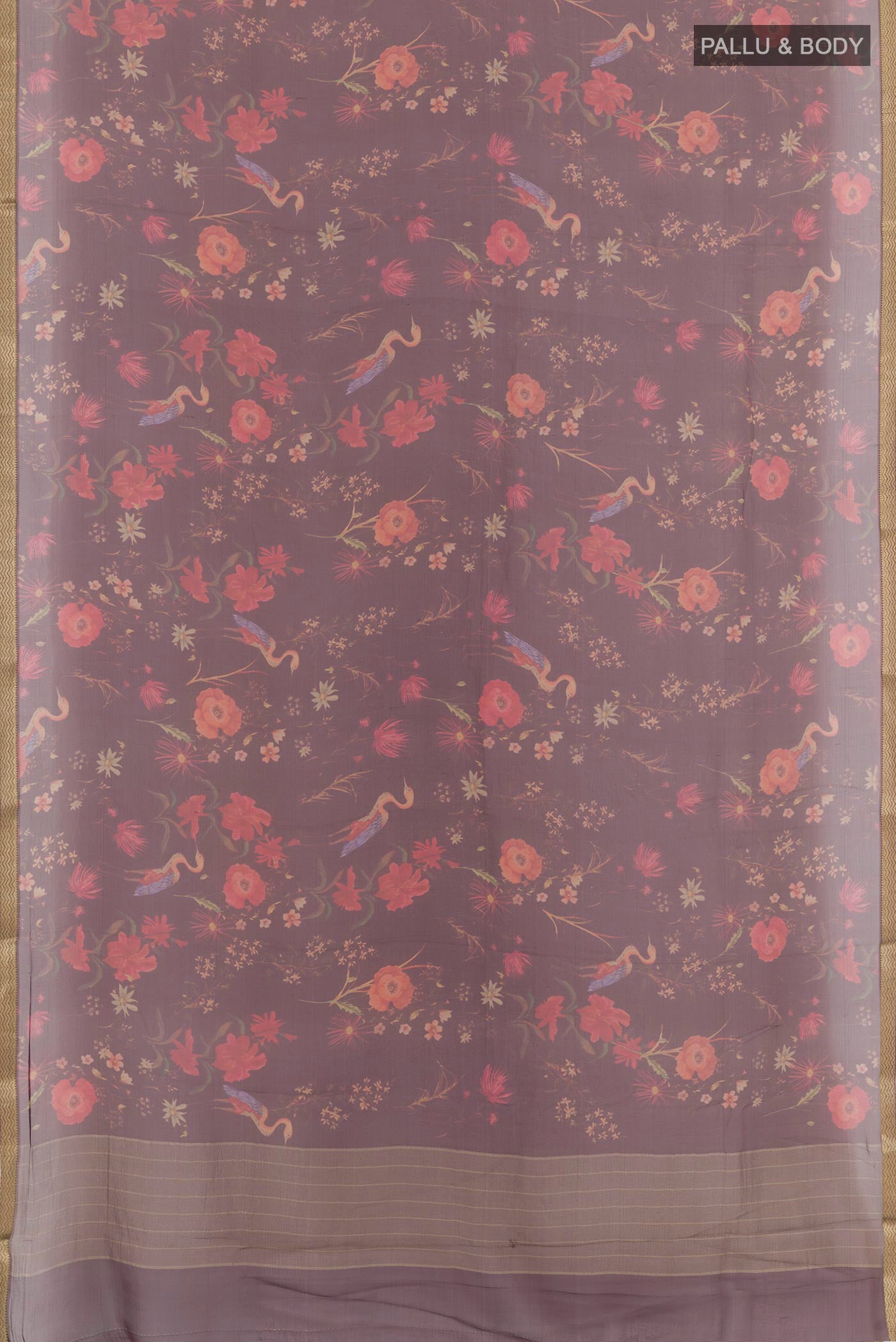 Flat view of Maroon Mysore Chiffon Saree with Printed design on the body and Plain Border. 