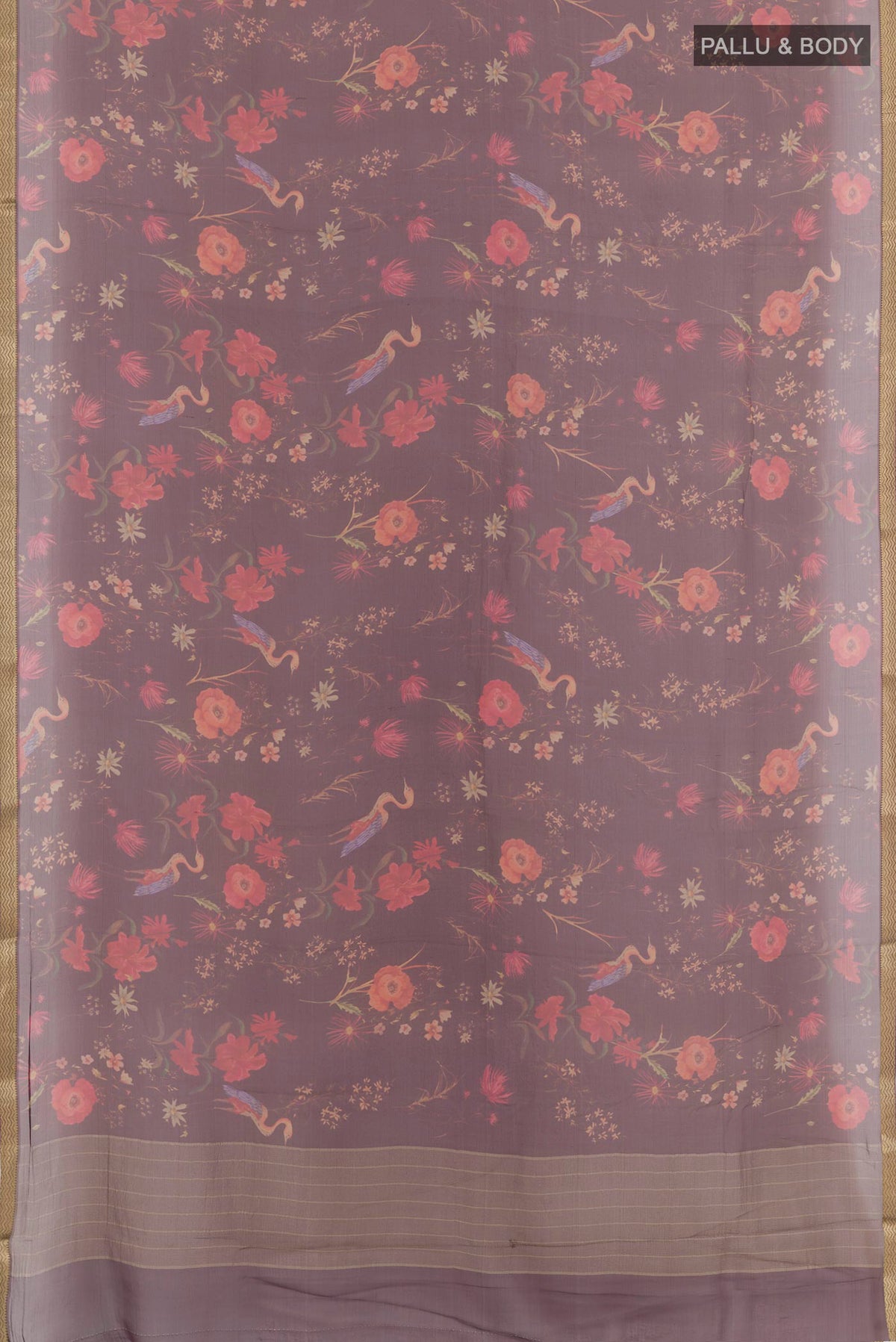 Flat view of Maroon Mysore Chiffon Saree with Printed design on the body and Plain Border. 