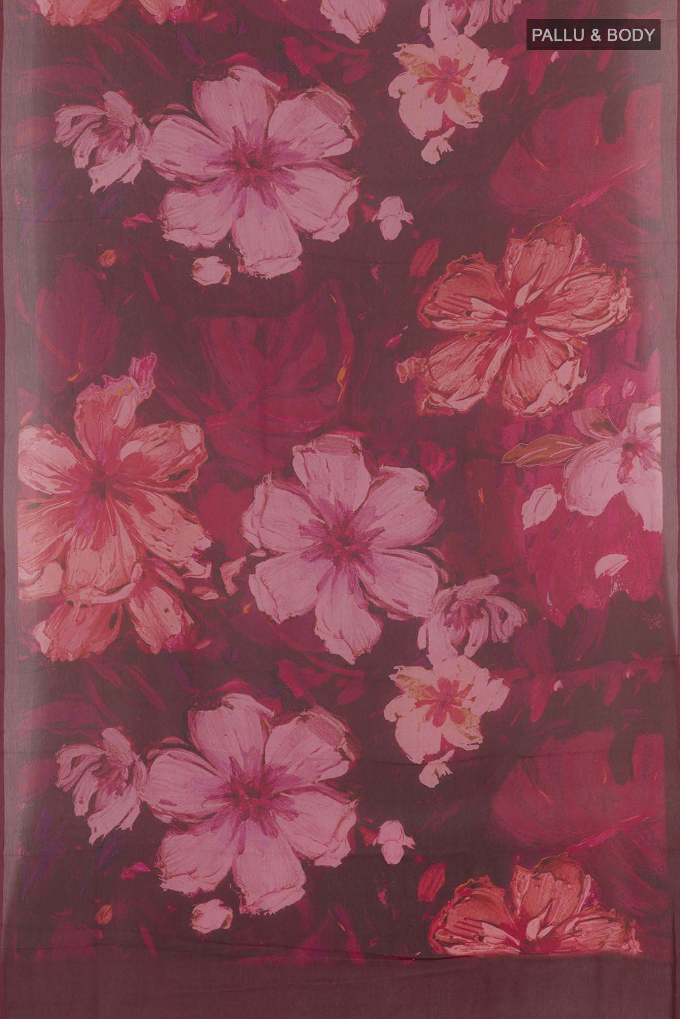 Flat view of Red Mysore Chiffon Saree with Printed design on the body and Plain Border. 