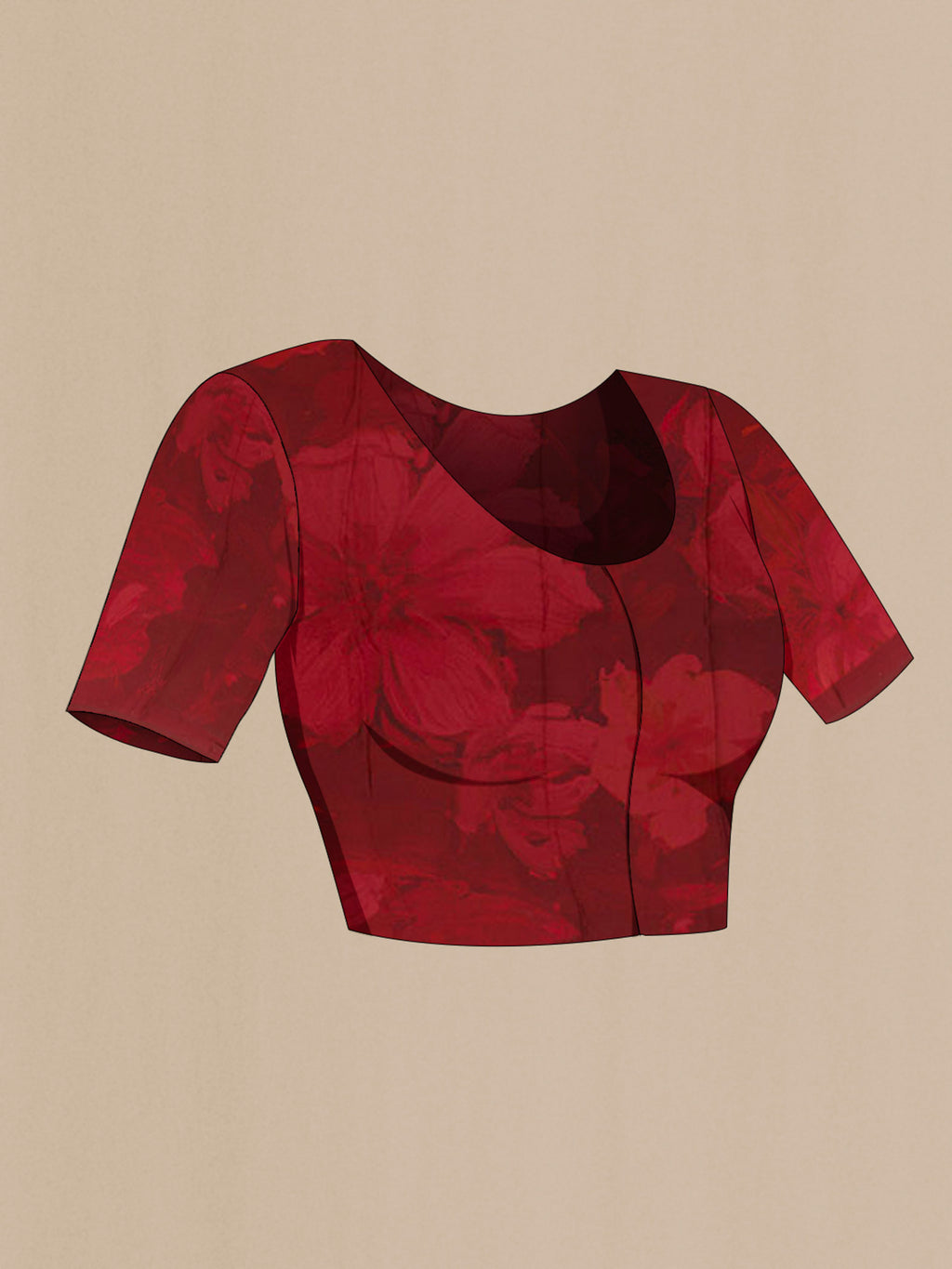 Close up image of the blouse of Red Mysore Chiffon Saree with Printed design on the body and Plain Border. 