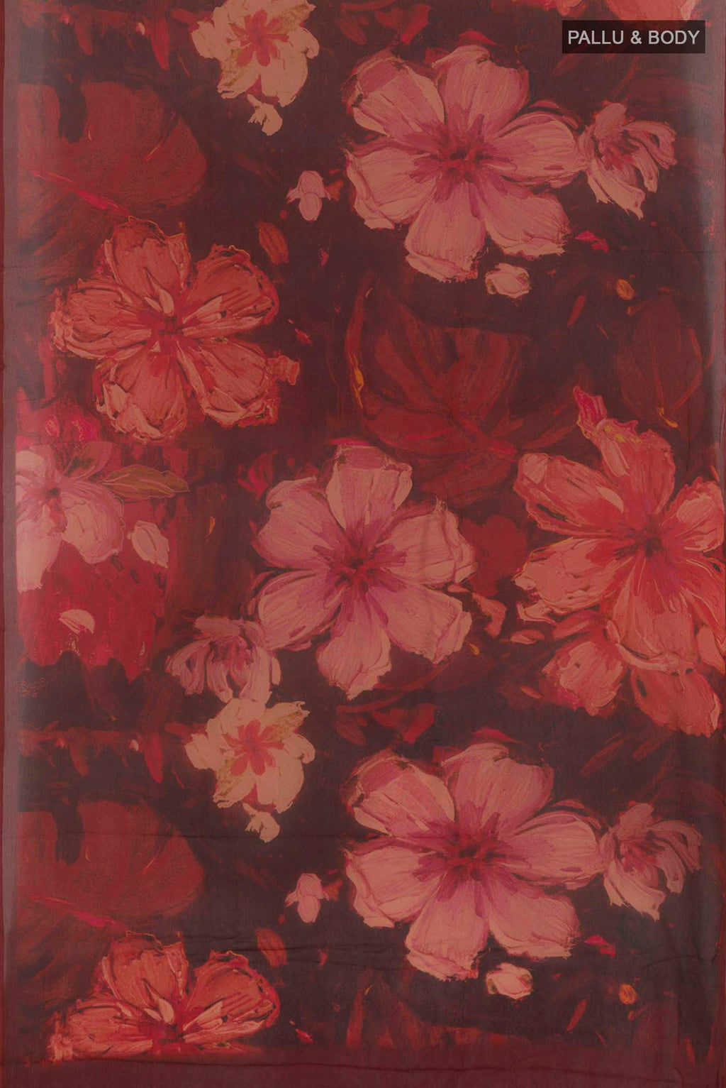 Flat view of Red Mysore Chiffon Saree with Printed design on the body and Plain Border. 