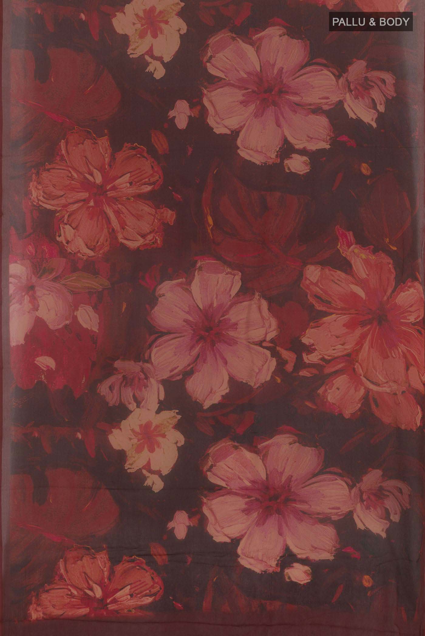Flat view of Red Mysore Chiffon Saree with Printed design on the body and Plain Border. 
