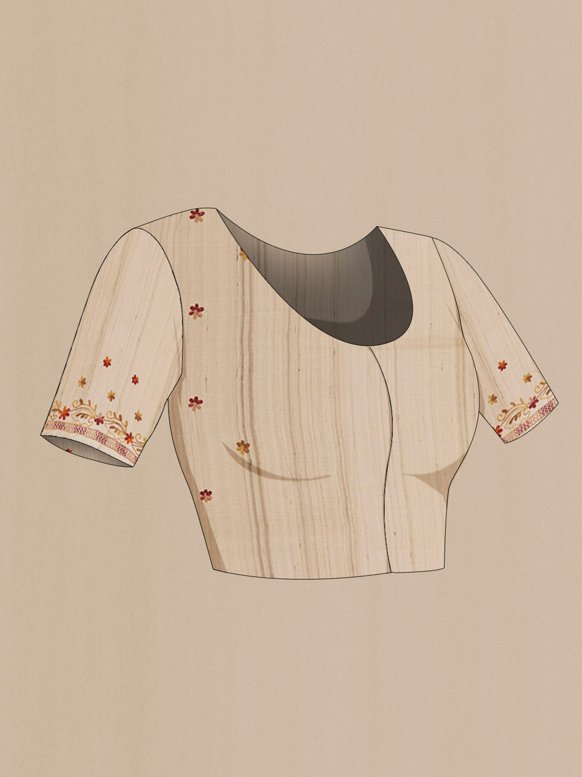 Close up image of the blouse of Off White Tussar Saree with Embroidery on the body and Embroidery Border. 