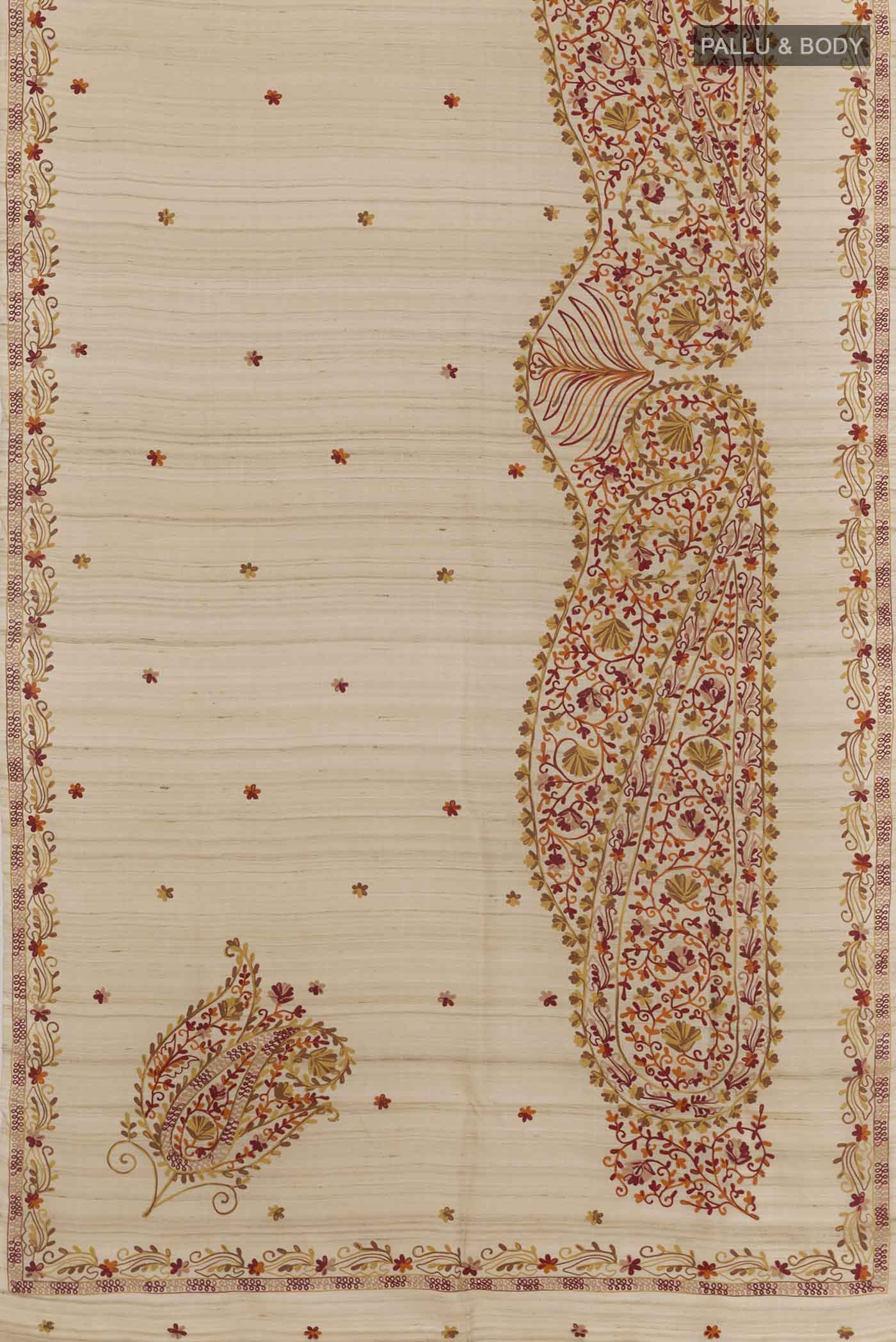 Flat view of Off White Tussar Saree with Embroidery on the body and Embroidery Border. 