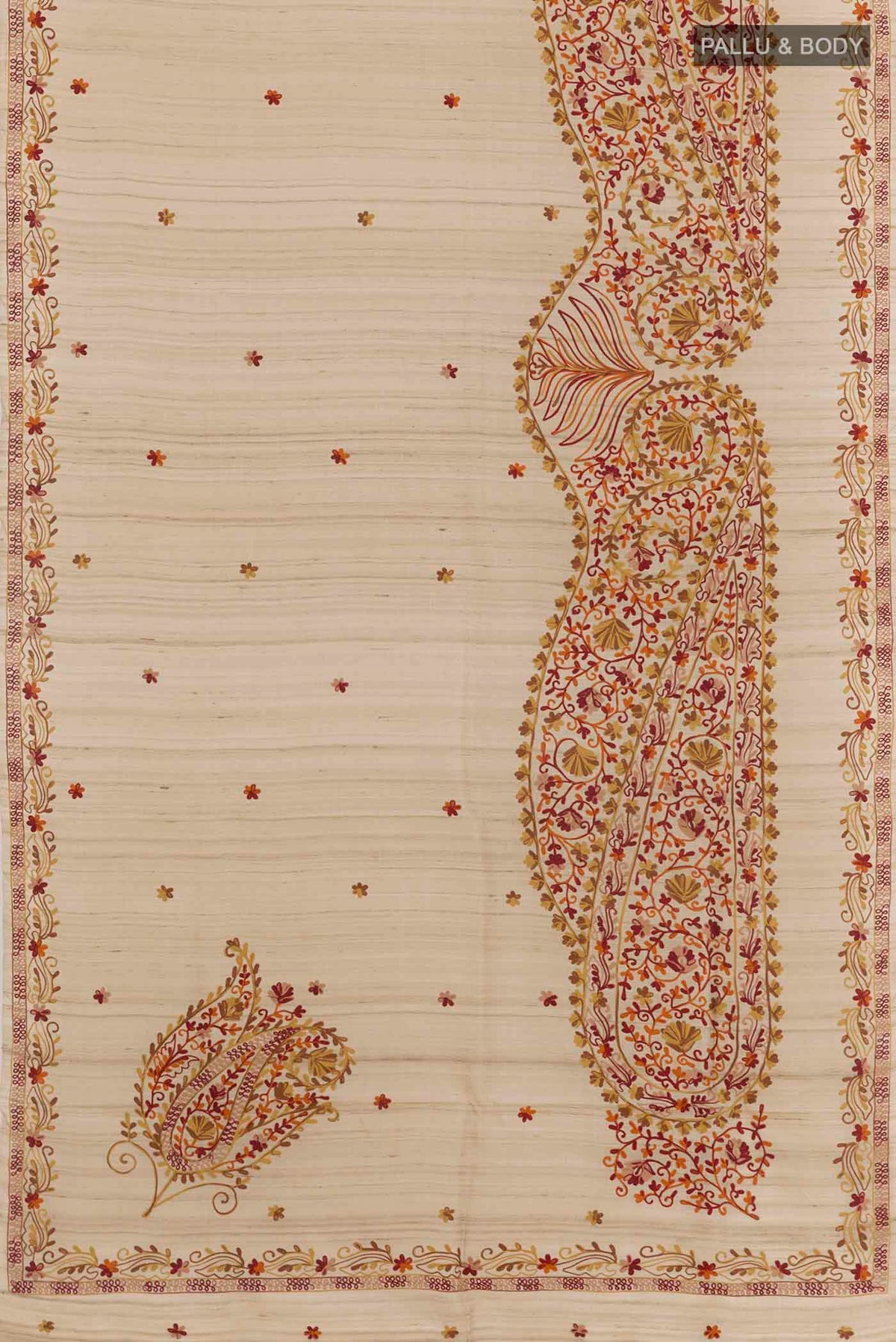 Flat view of Off White Tussar Saree with Embroidery on the body and Embroidery Border. 