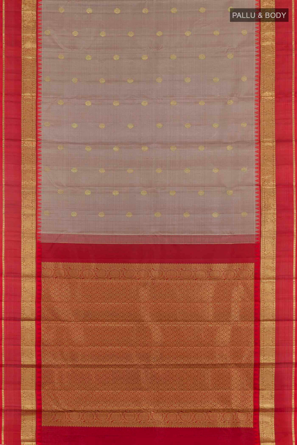 Flat view of Grey Kanchipuram Silk Saree with Zari Brocade on the body and Zari Border. 