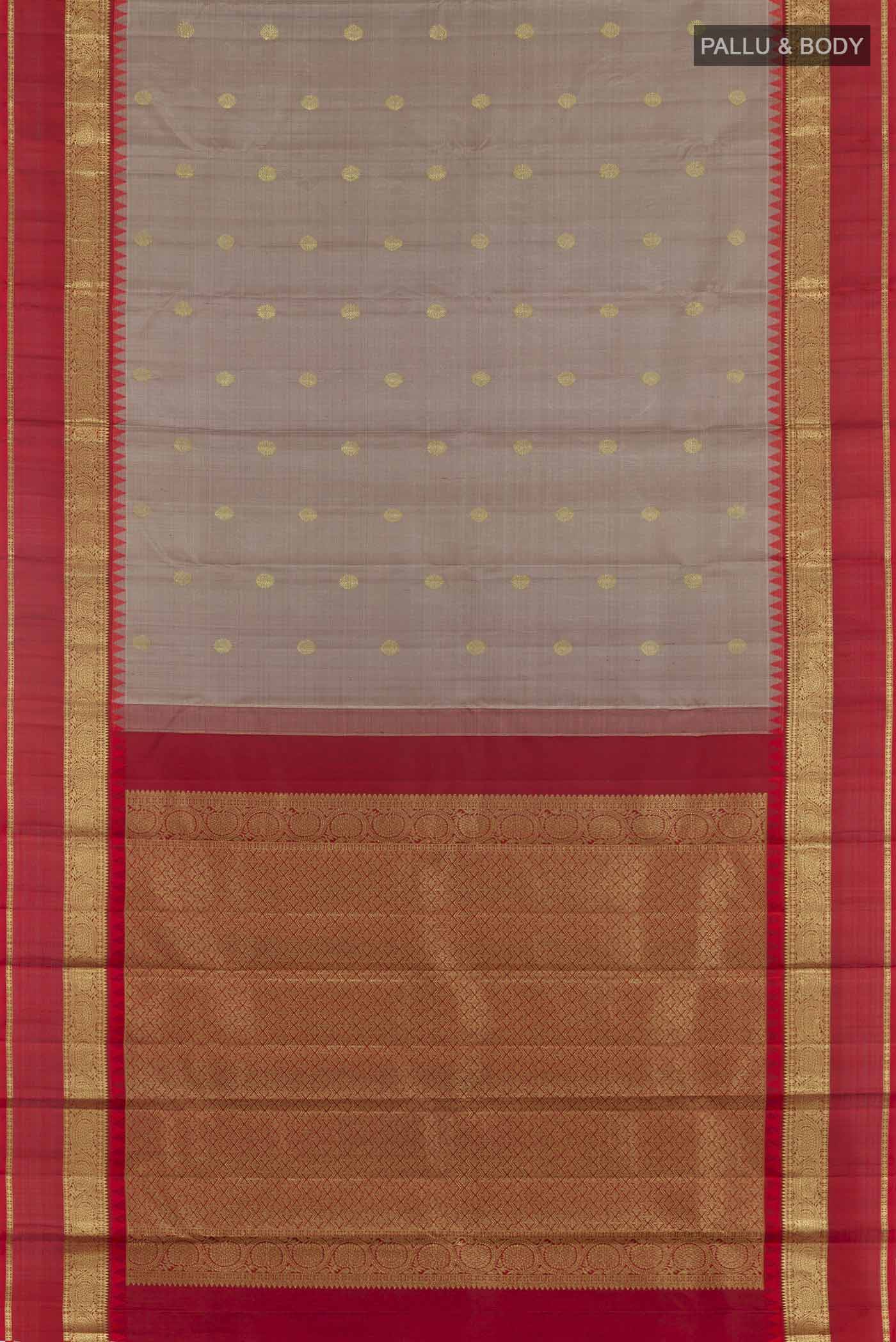 Flat view of Grey Kanchipuram Silk Saree with Zari Brocade on the body and Zari Border. 
