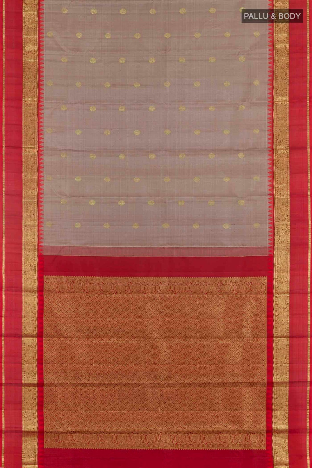Flat view of Grey Kanchipuram Silk Saree with Zari Brocade on the body and Zari Border. 