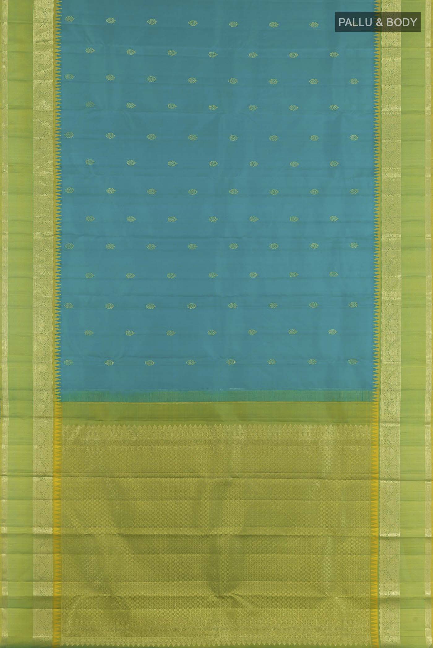 Flat view of Blue Kanchipuram Silk Saree with Zari Butta on the body and Zari Border. 