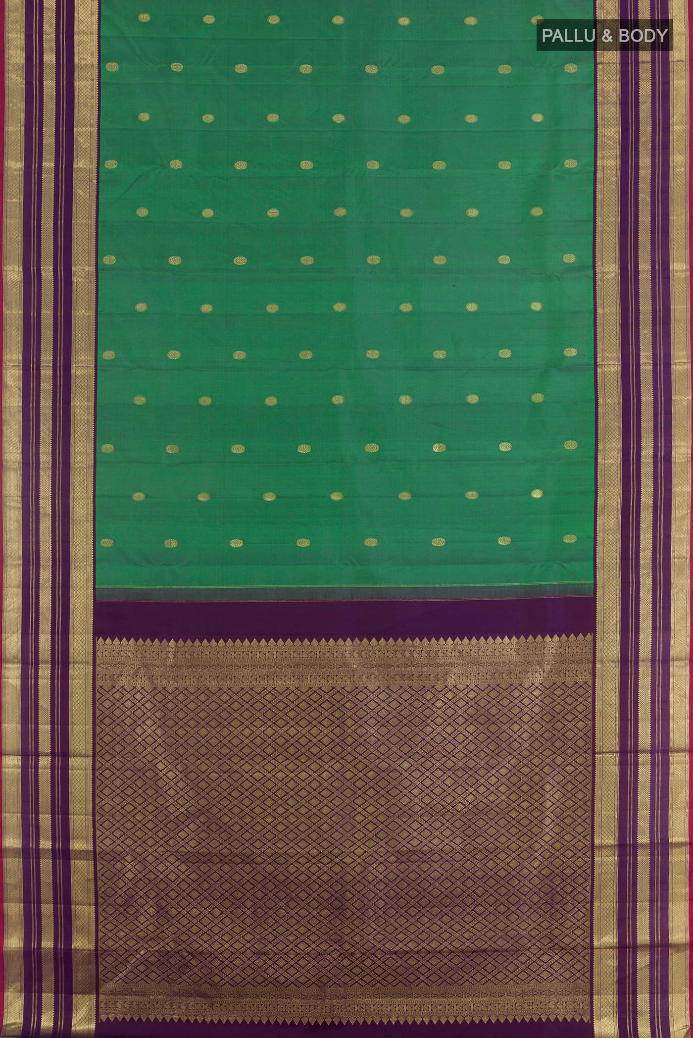 Flat view of Green Kanchipuram Silk Saree with Zari Brocade on the body and Zari Border. 