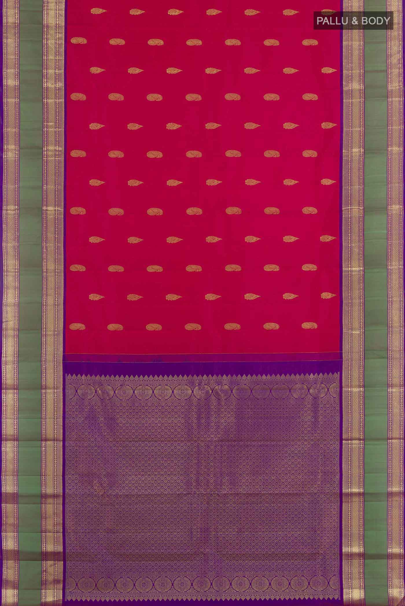 Flat view of Pink Kanchipuram Silk Saree with Zari Butta on the body and Zari Border. 