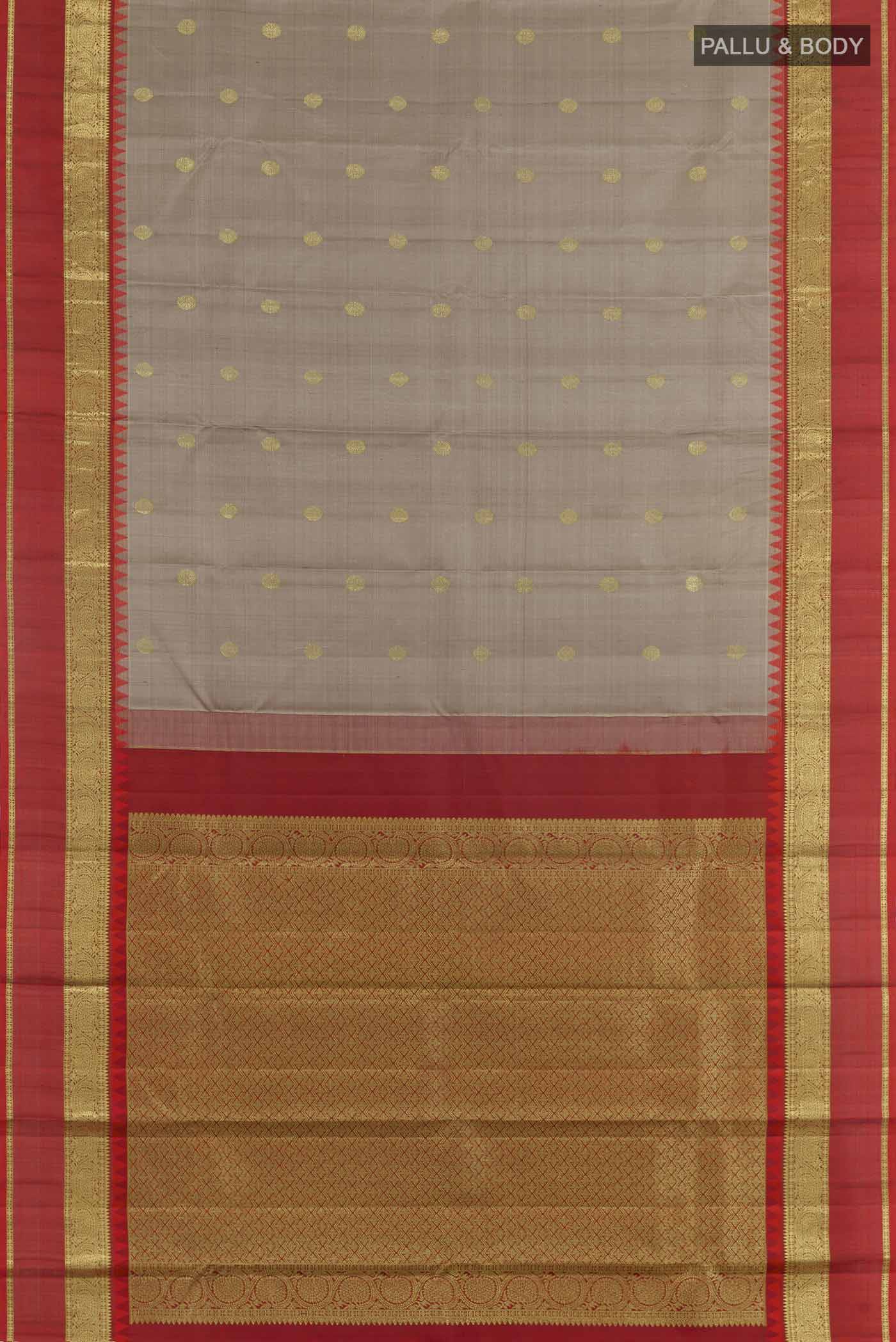 Flat view of Grey Kanchipuram Silk Saree with Zari Butta on the body and Zari Border. 