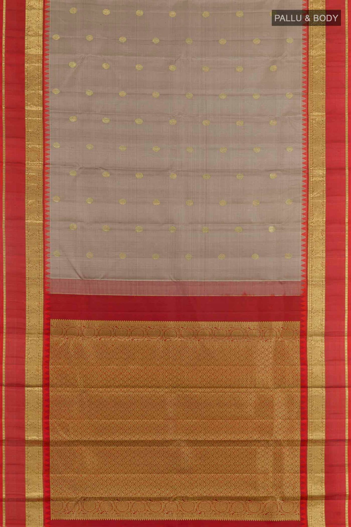 Flat view of Grey Kanchipuram Silk Saree with Zari Butta on the body and Zari Border. 