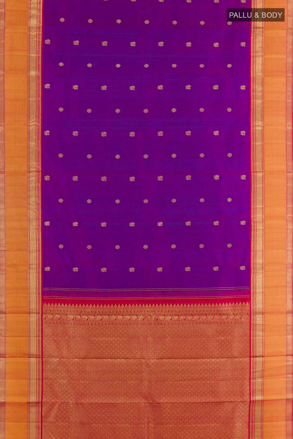 Flat view of Purple Kanchipuram Silk Saree with Zari Butta on the body and Zari Border. 