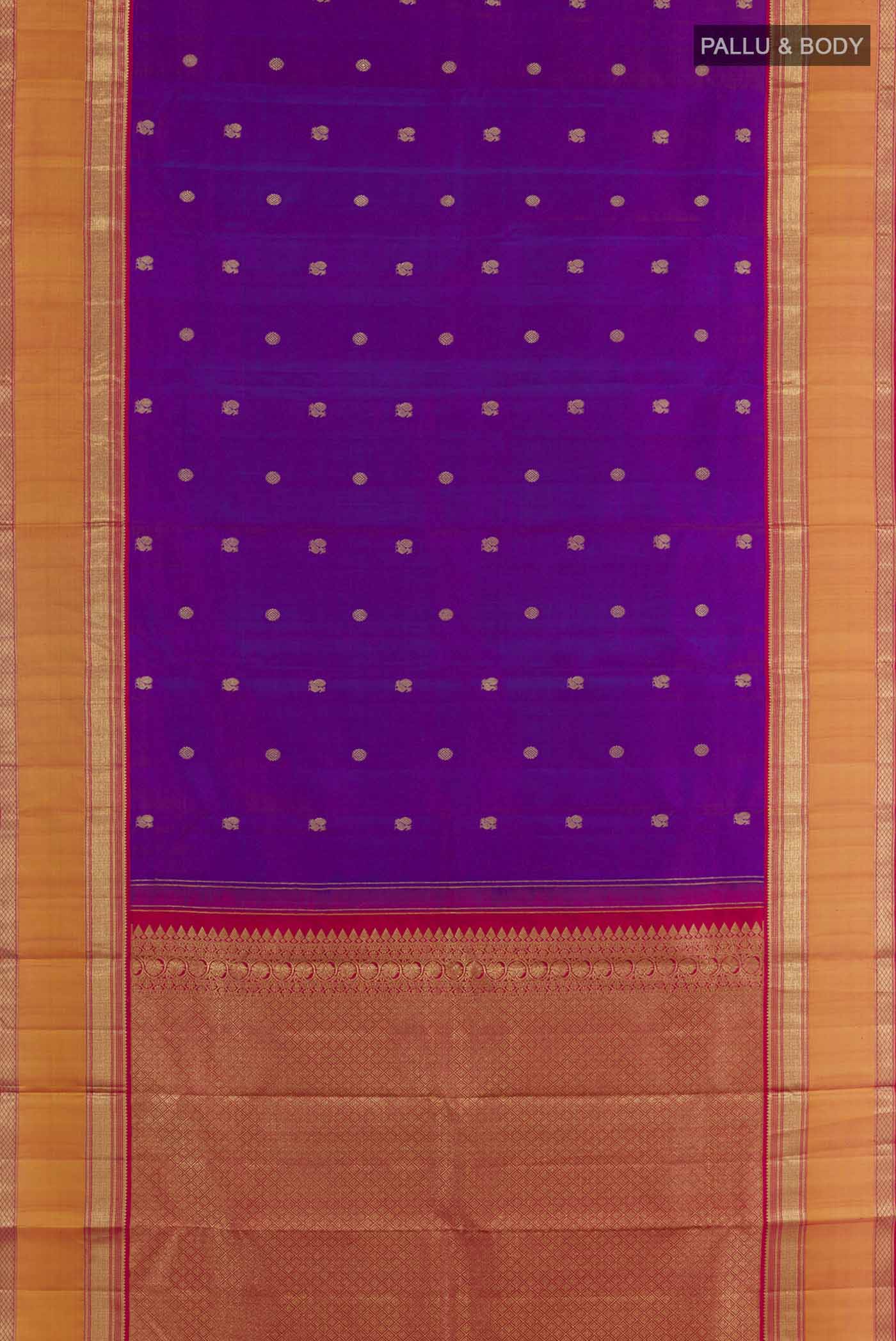 Flat view of Purple Kanchipuram Silk Saree with Zari Butta on the body and Zari Border. 