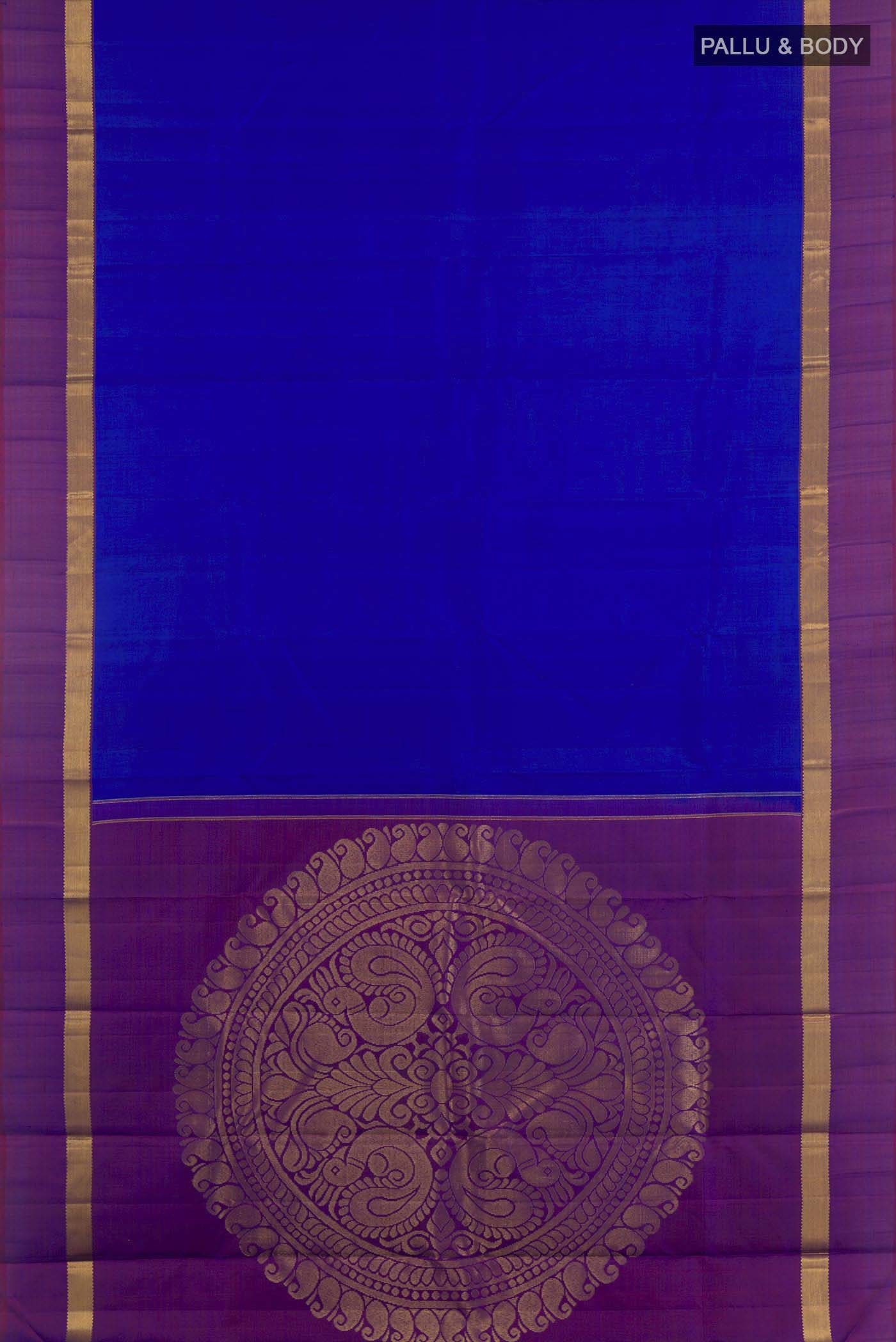 Flat view of Blue Kanchipuram Silk Saree with Plain Body and Zari Border. 