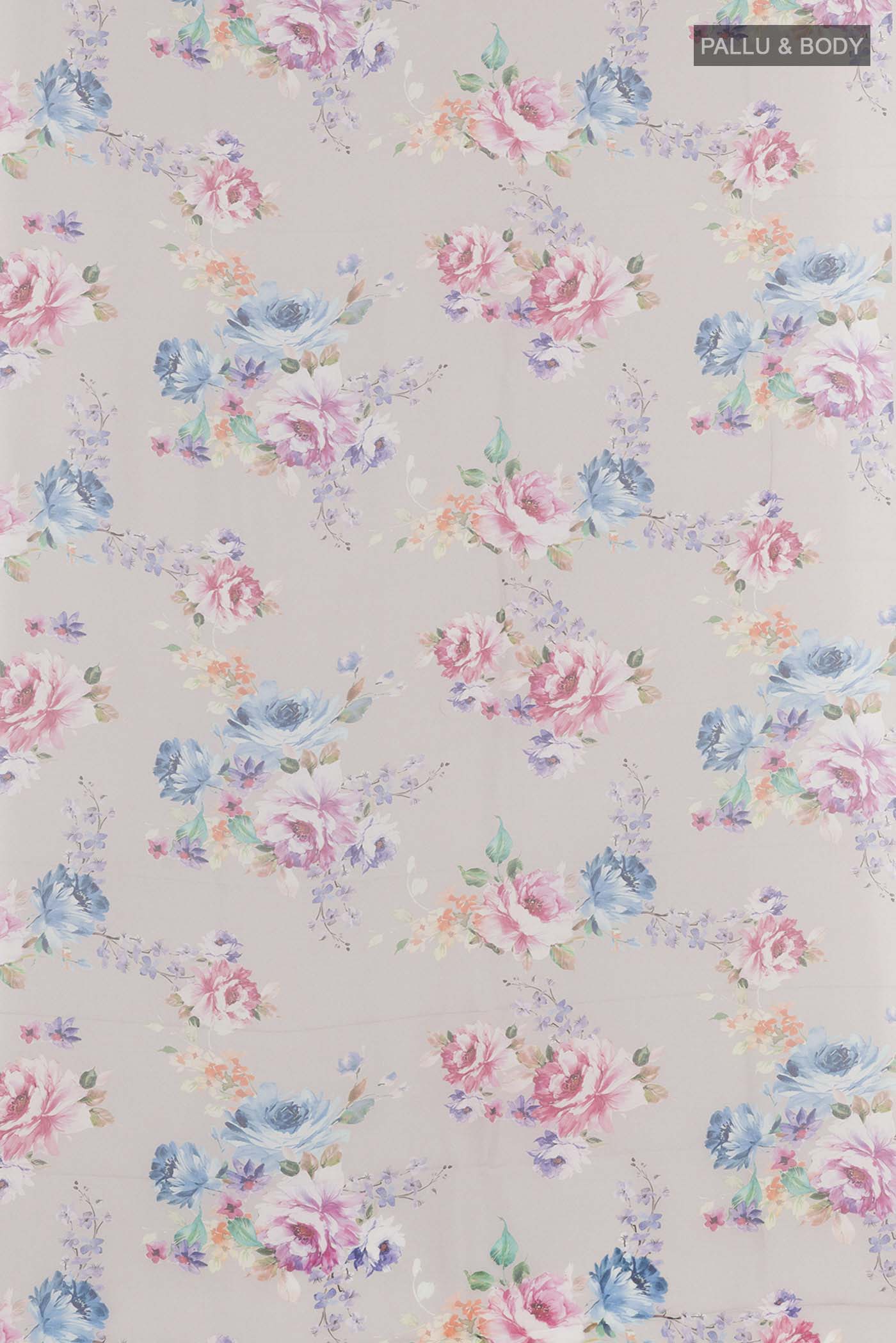 Flat view of Off White Chiffon Saree with Printed design on the body and Plain Border. 