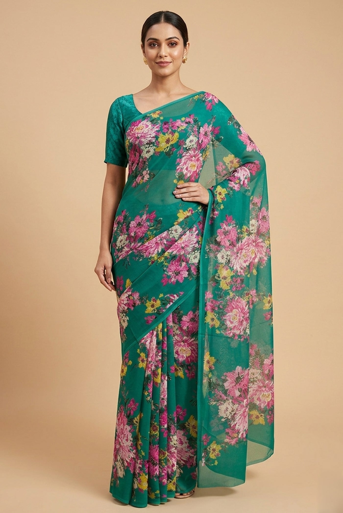 Model wearing a Green Mysore Chiffon Saree with Floral Print on the body and Without Border.