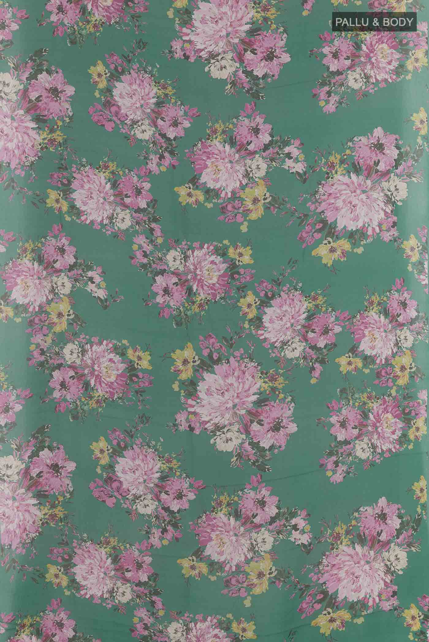 Flat view of Green Chiffon Saree with Printed design on the body and Plain Border. 