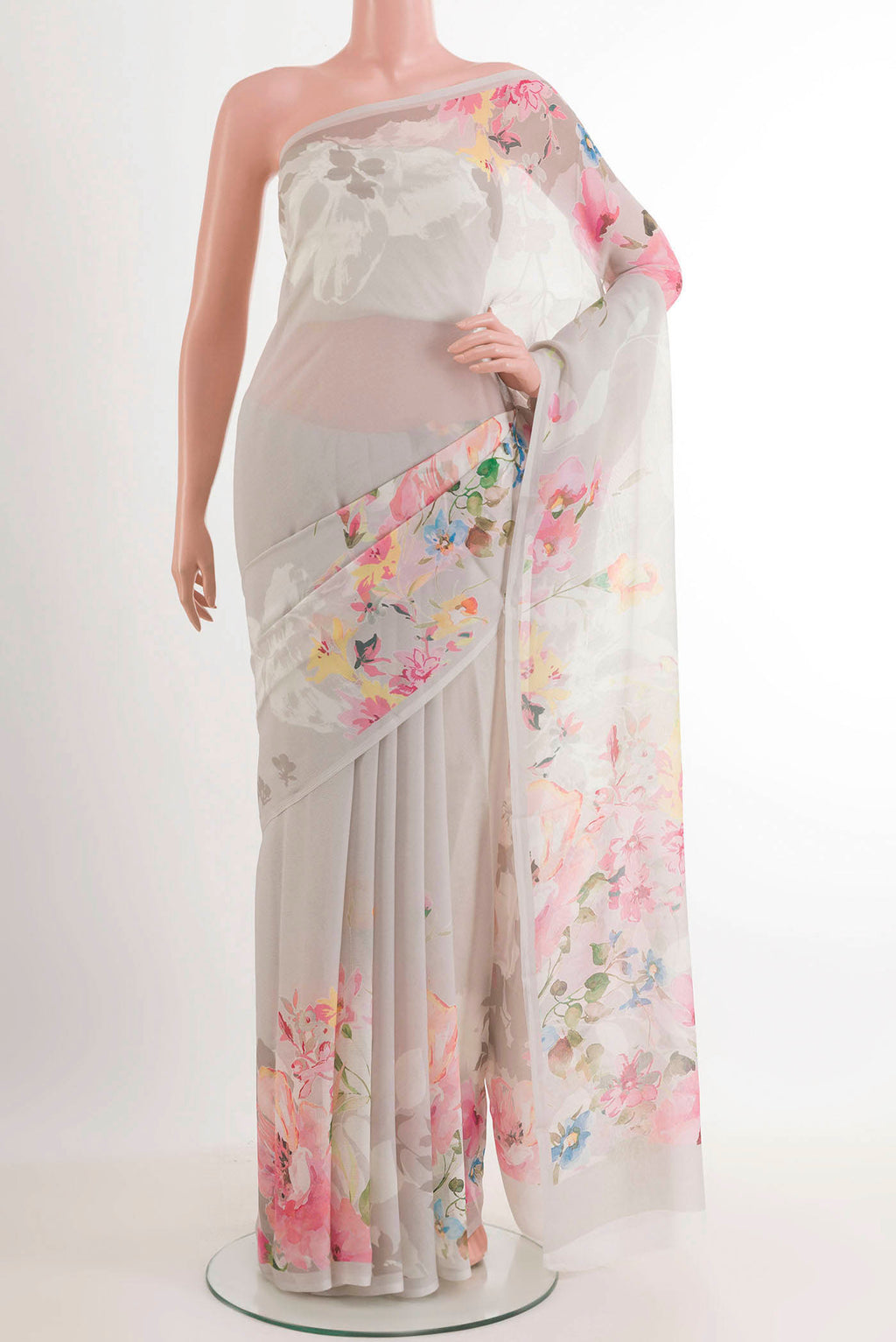 Off White Mysore Chiffon Saree with Printed design on the body and Plain Border.  displayed on a mannequin
