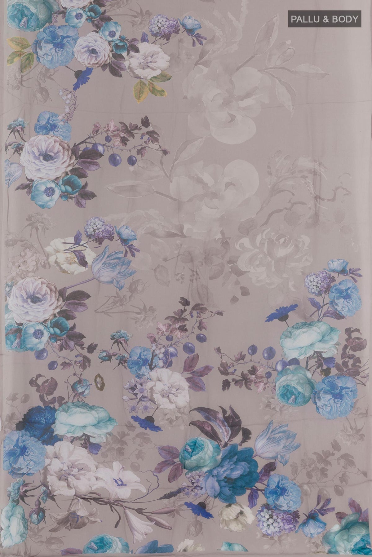 Flat view of Grey Chiffon Saree with Printed design on the body and Plain Border. 