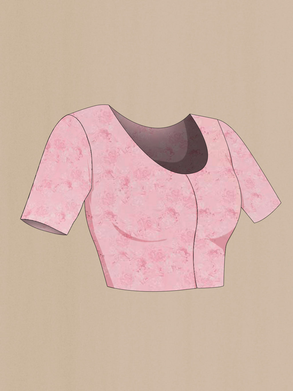 Close up image of the blouse of Pink Mysore Chiffon Saree with Printed design on the body and Plain Border. 