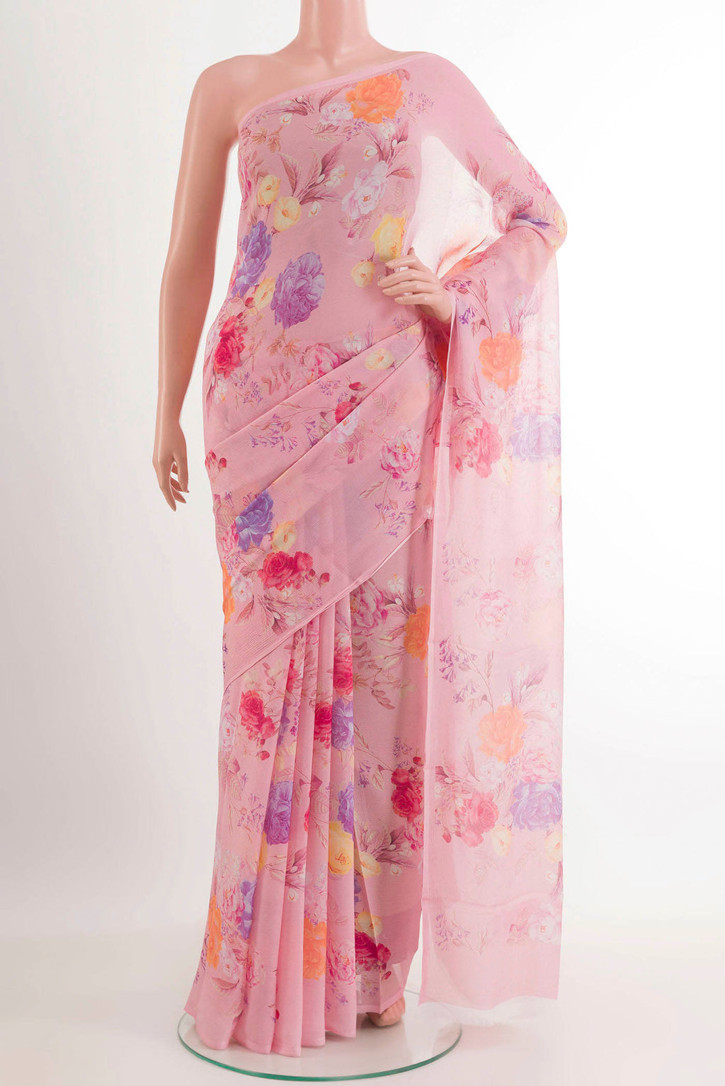 Pink Mysore Chiffon Saree with Printed design on the body and Plain Border.  displayed on a mannequin