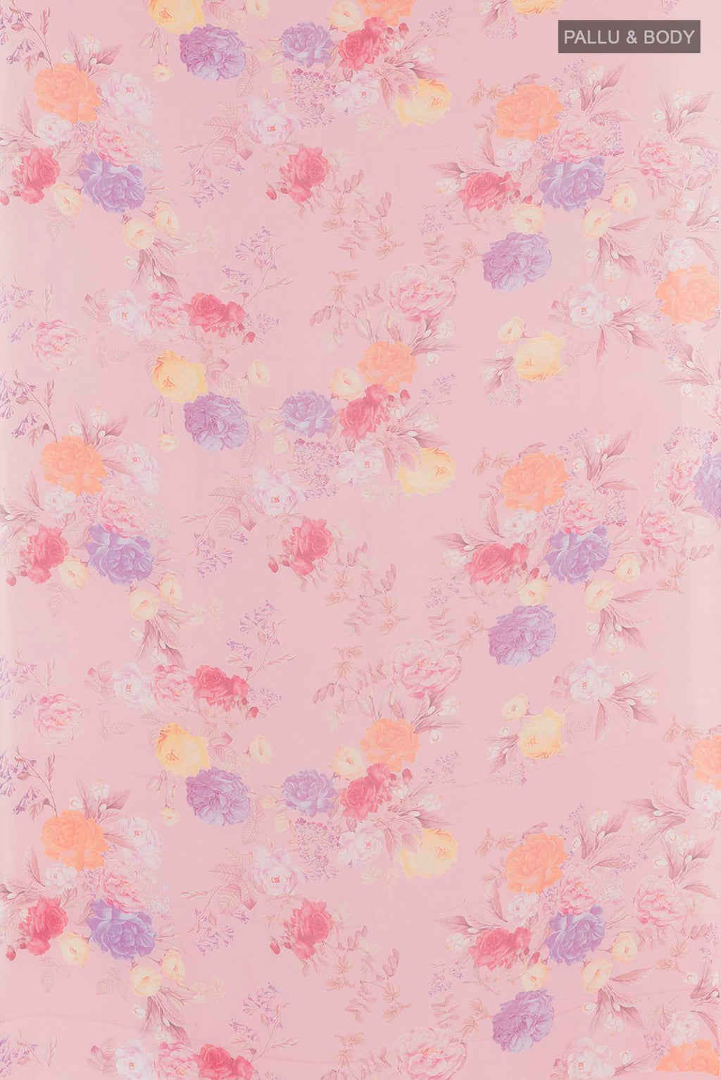 Flat view of Pink Mysore Chiffon Saree with Printed design on the body and Plain Border. 