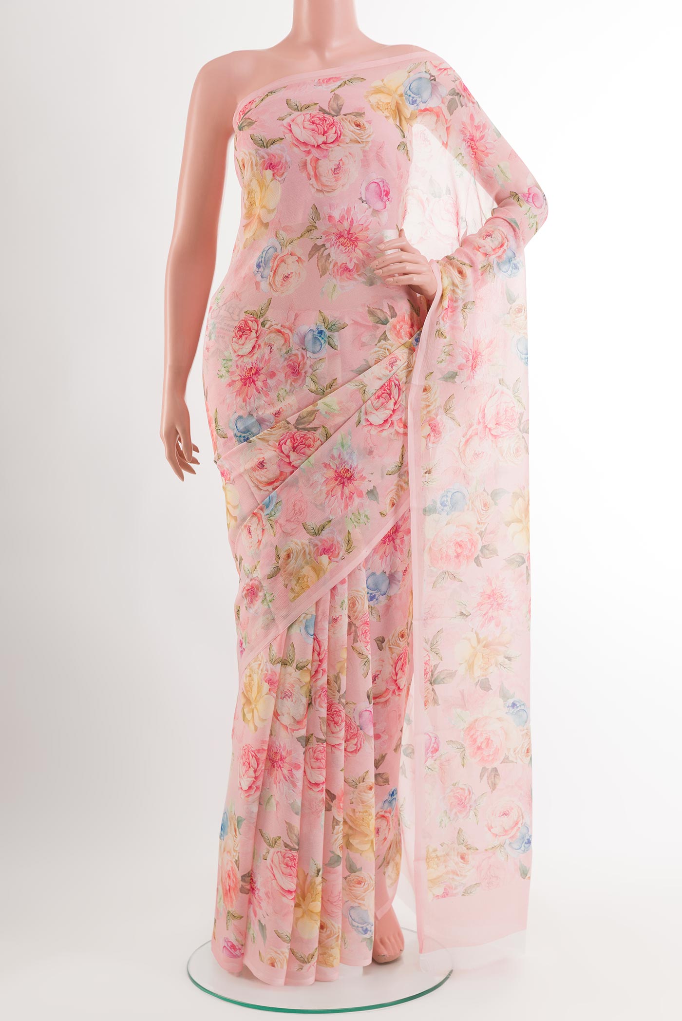 Pink Chiffon Saree with Printed design on the body and Plain Border.  displayed on a mannequin