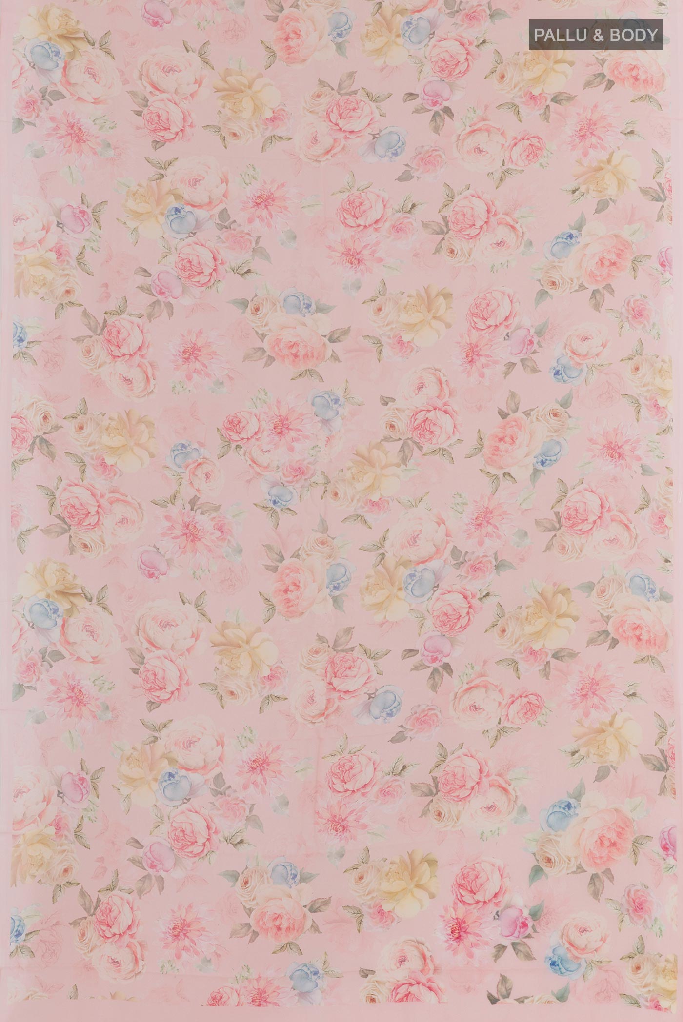 Flat view of Pink Chiffon Saree with Printed design on the body and Plain Border. 