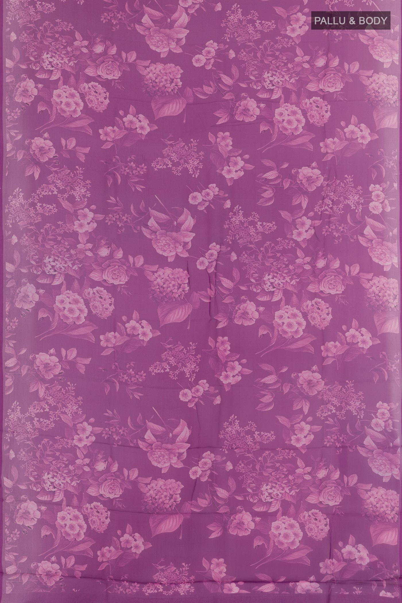Flat view of Purple Chiffon Saree with Printed design on the body and Plain Border. 