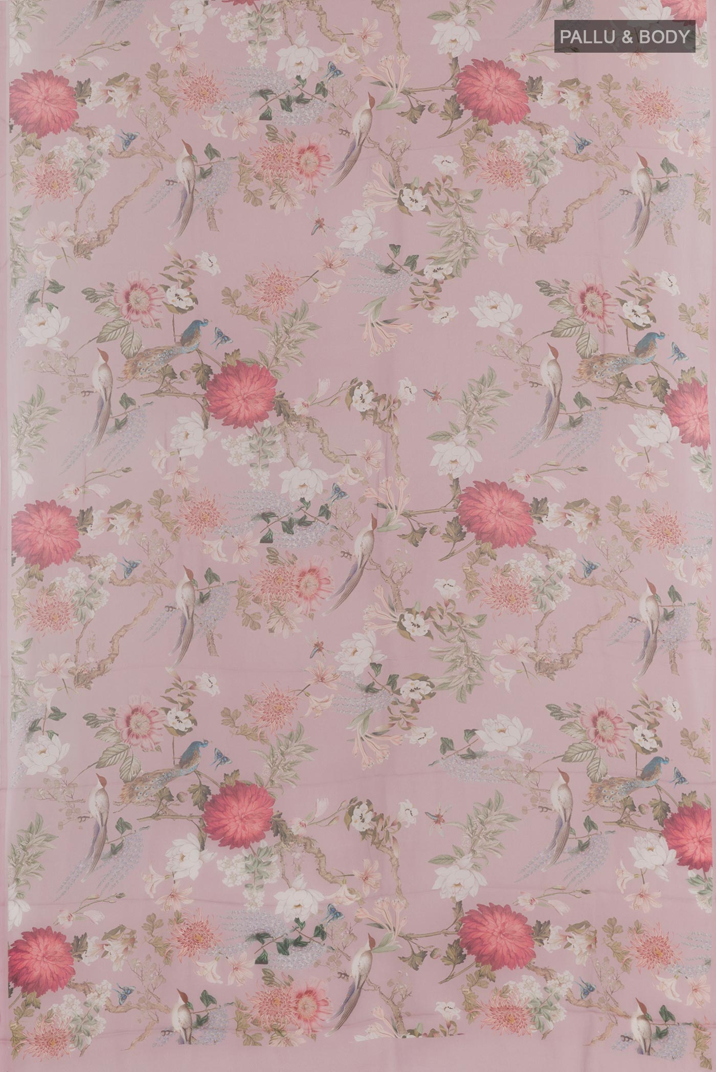 Flat view of Lavender Chiffon Saree with Printed design on the body and Plain Border. 