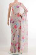 Grey Mysore Chiffon Saree with Printed design on the body and Plain Border.  displayed on a mannequin