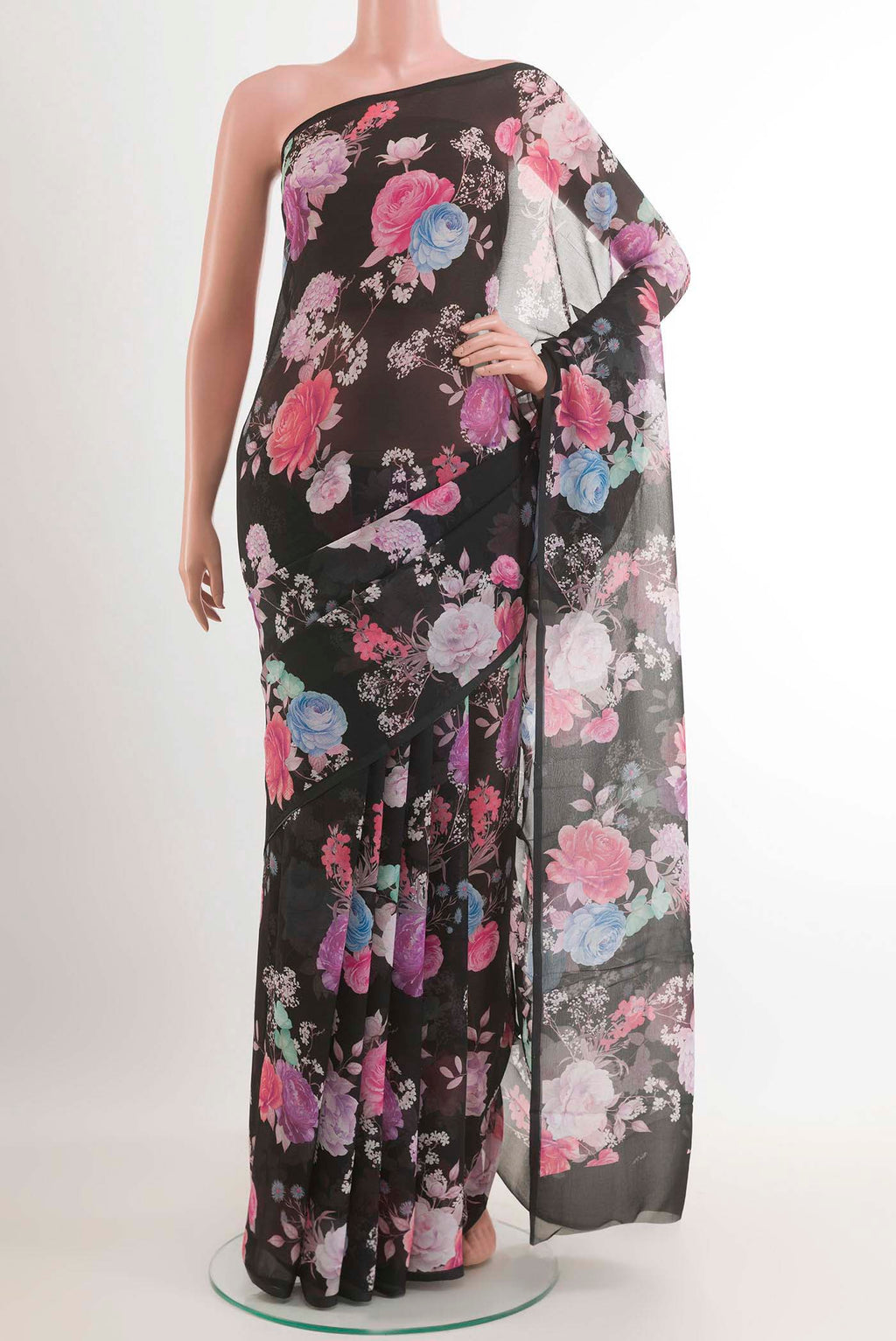 Black Mysore Chiffon Saree with Printed design on the body and Zari Border.  displayed on a mannequin