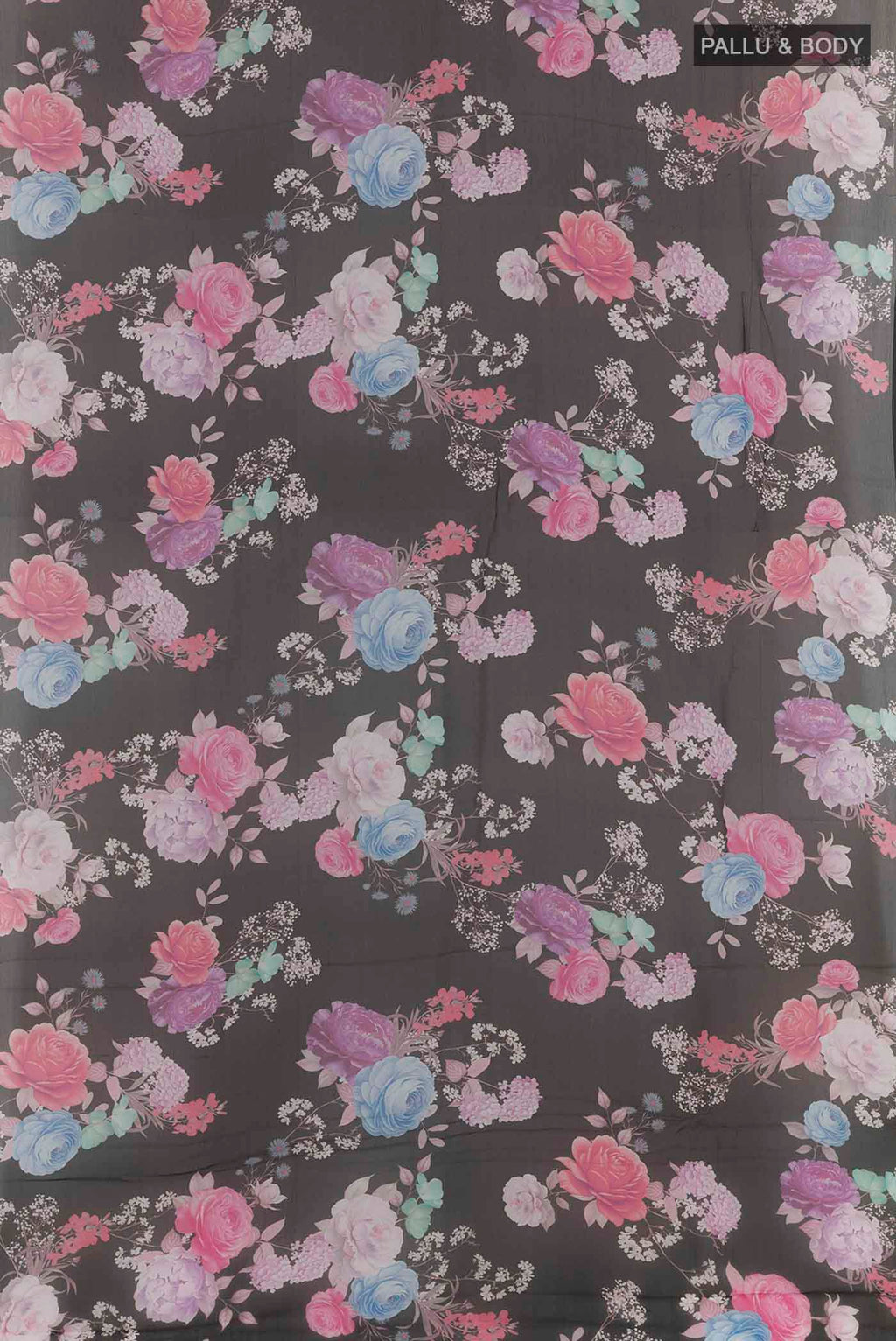 Flat view of Black Mysore Chiffon Saree with Printed design on the body and Zari Border. 