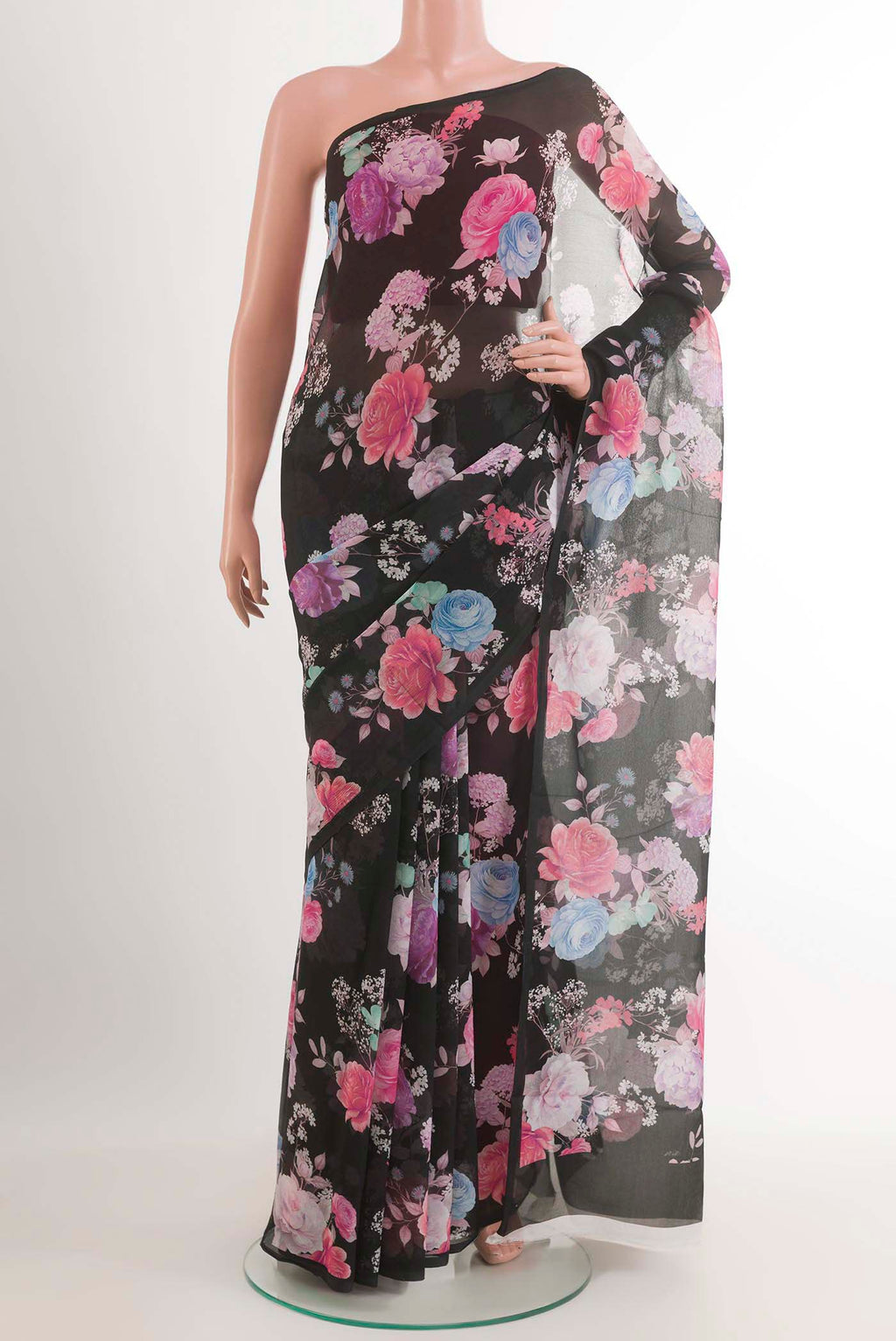 Black Mysore Chiffon Saree with Printed design on the body and Plain Border.  displayed on a mannequin