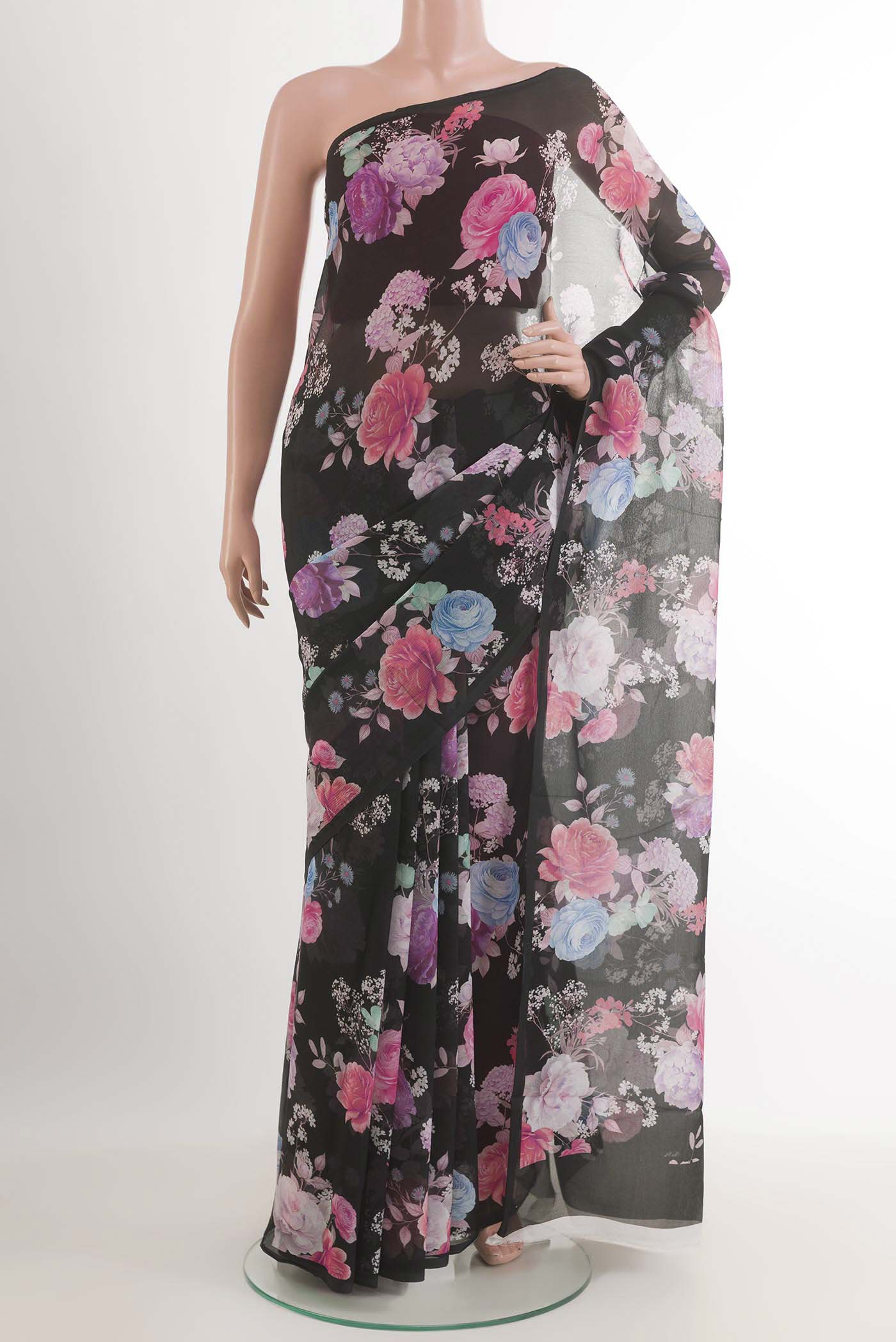 Black Mysore Chiffon Saree with Printed design on the body and Plain Border.  displayed on a mannequin