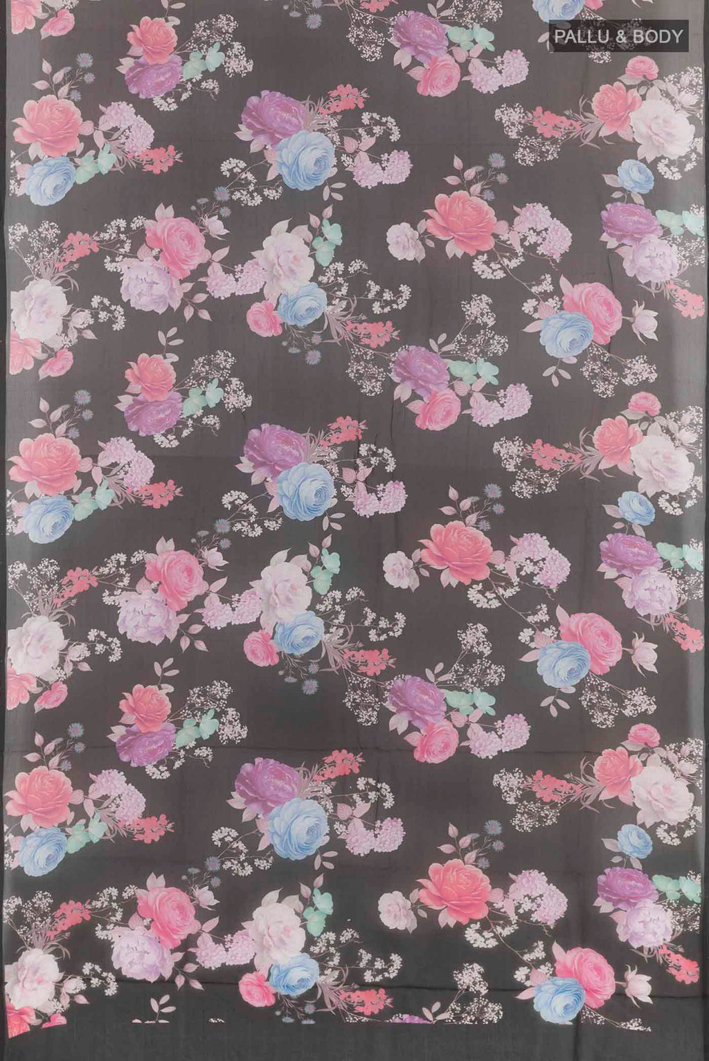 Flat view of Black Mysore Chiffon Saree with Printed design on the body and Plain Border. 