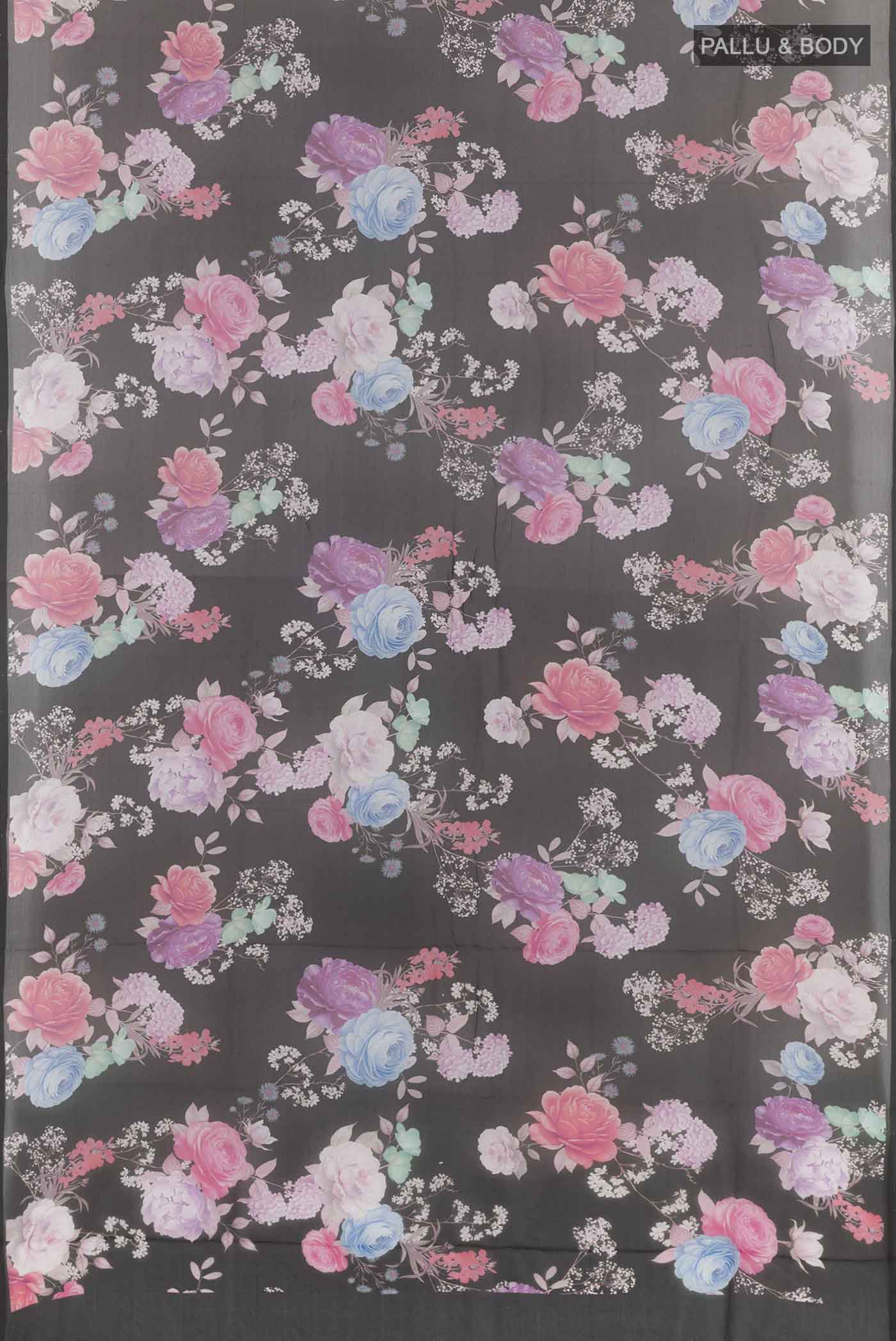 Flat view of Black Mysore Chiffon Saree with Printed design on the body and Plain Border. 