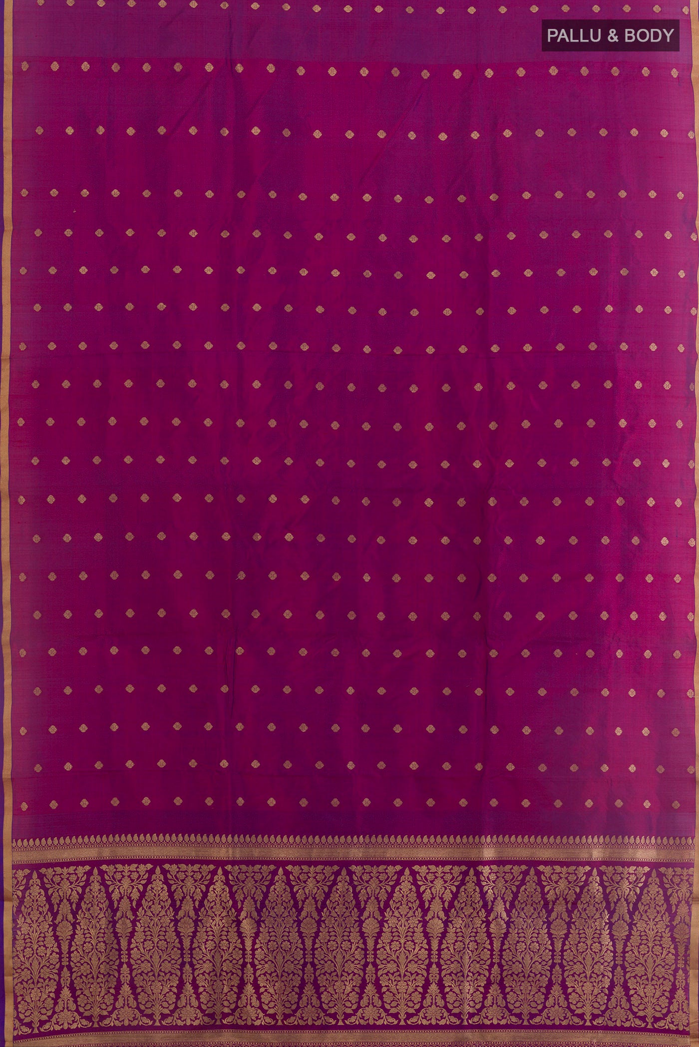 Flat view of Purple Banarasi Katan Silk Saree with Zari Butta on the body and Zari Border. 