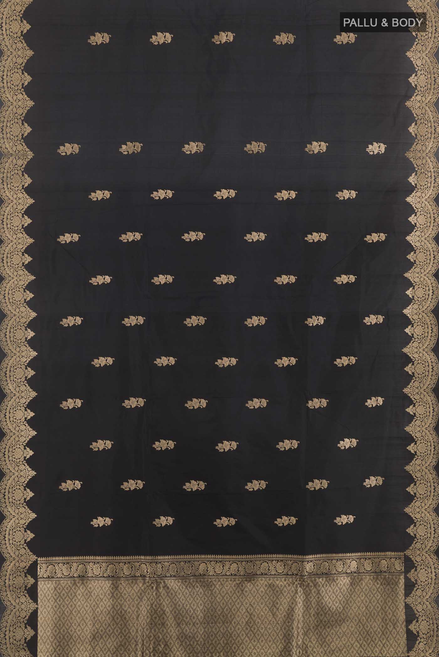 Flat view of Black Banarasi Katan Silk Saree with Zari Butta on the body and Zari Border. 