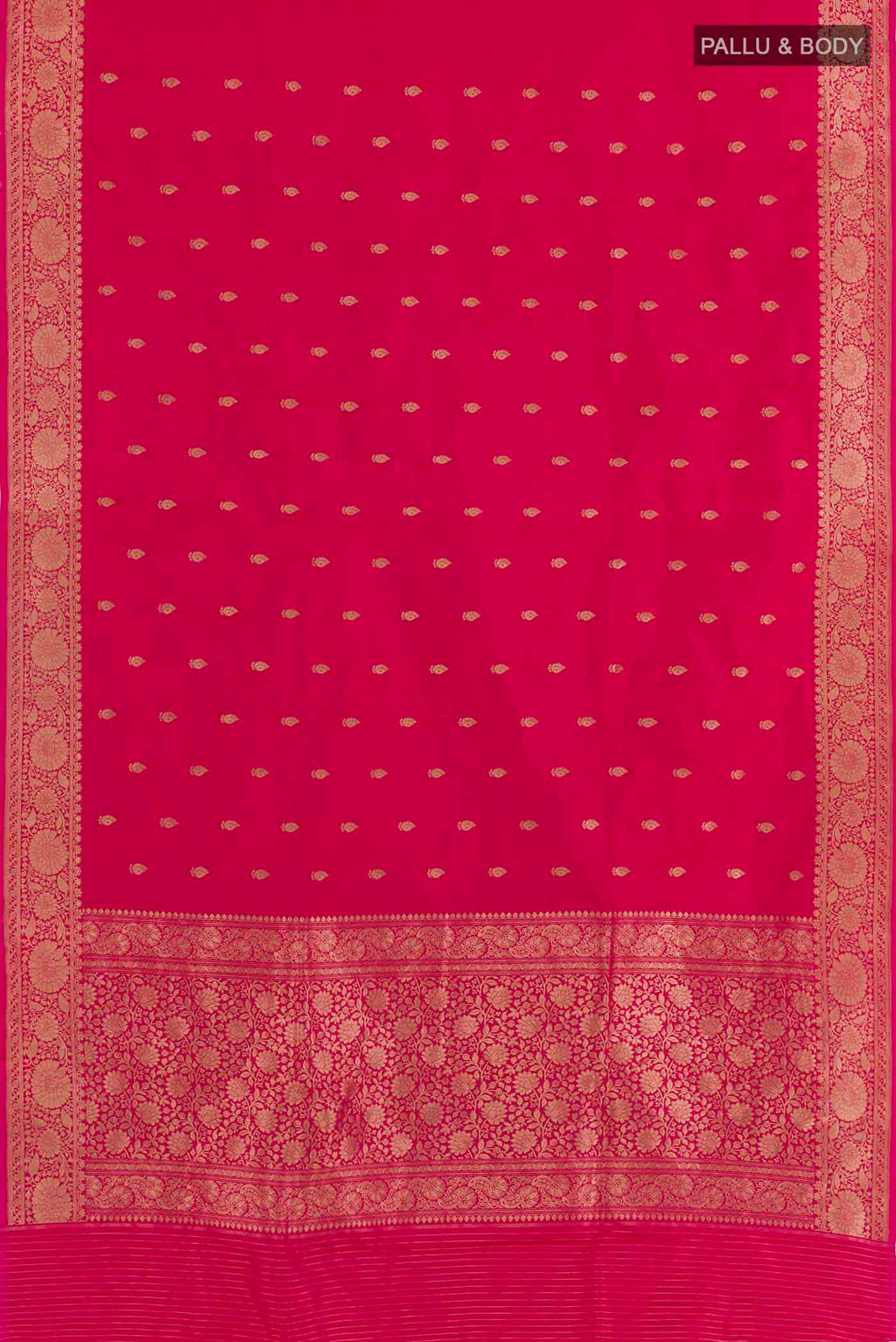 Flat view of Pink Banarasi Katan Silk Saree with Zari Butta on the body and Zari Border. 