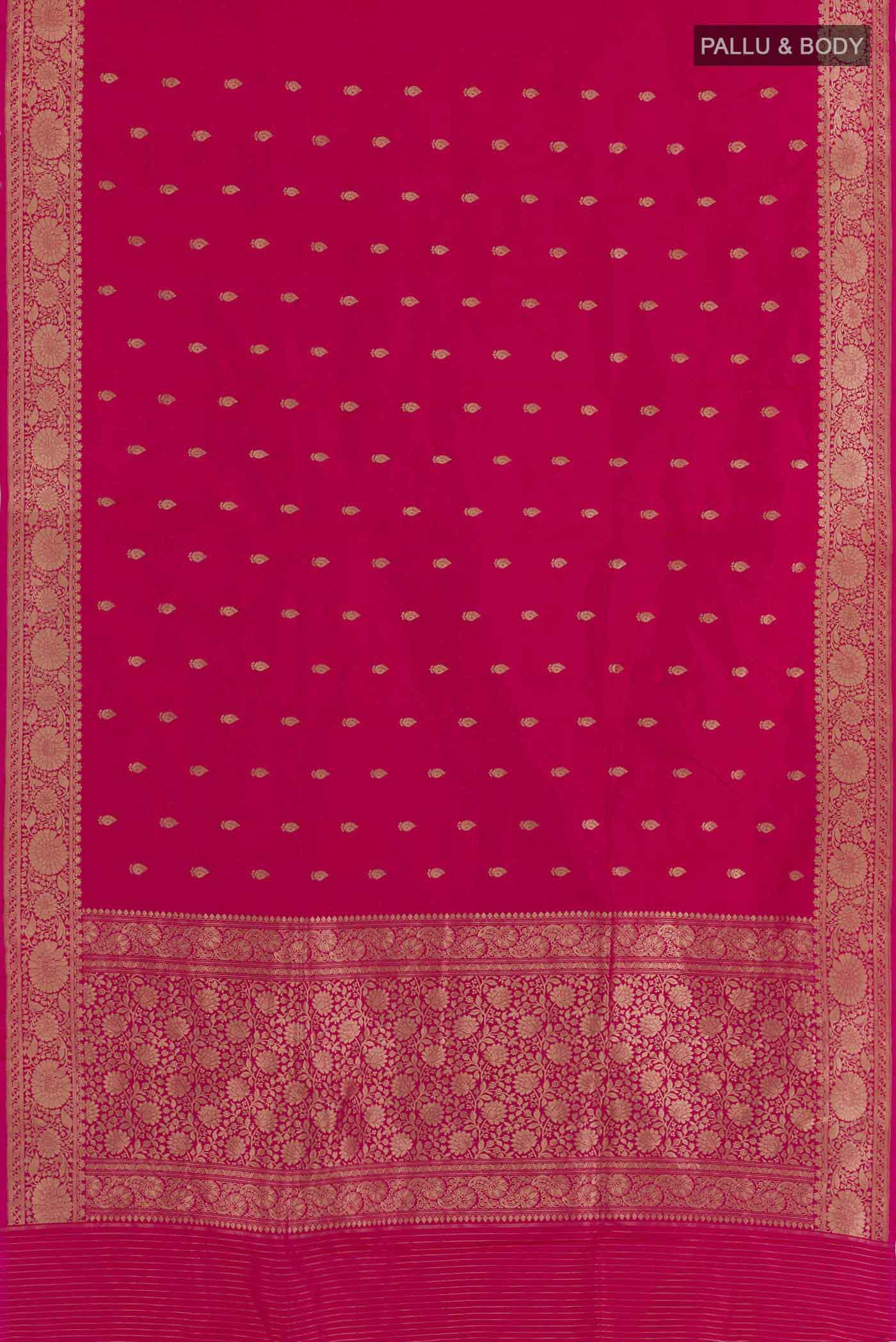 Flat view of Pink Banarasi Katan Silk Saree with Zari Butta on the body and Zari Border. 