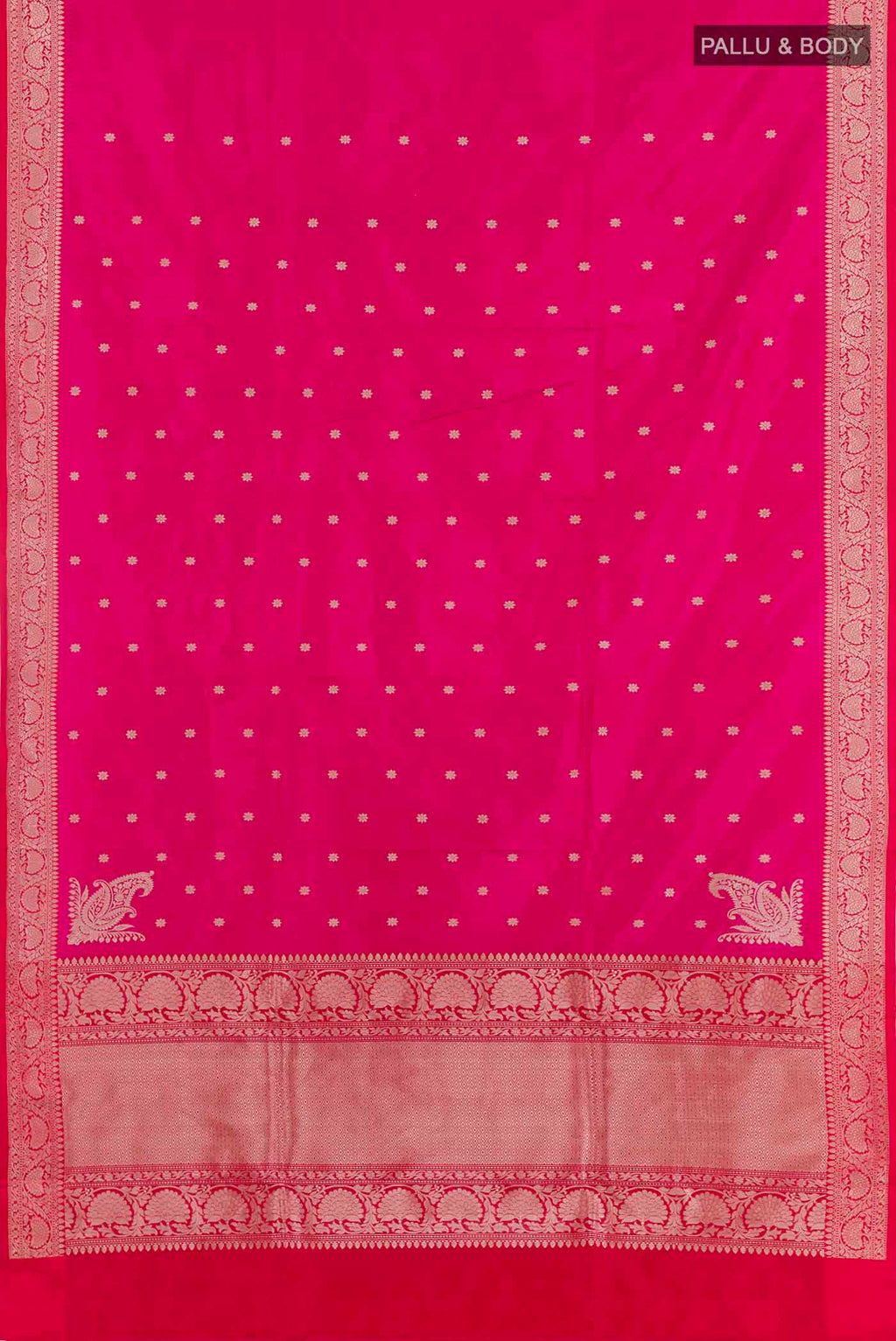 Flat view of Pink Banarasi Katan Silk Saree with Zari Butta on the body and Zari Border. 