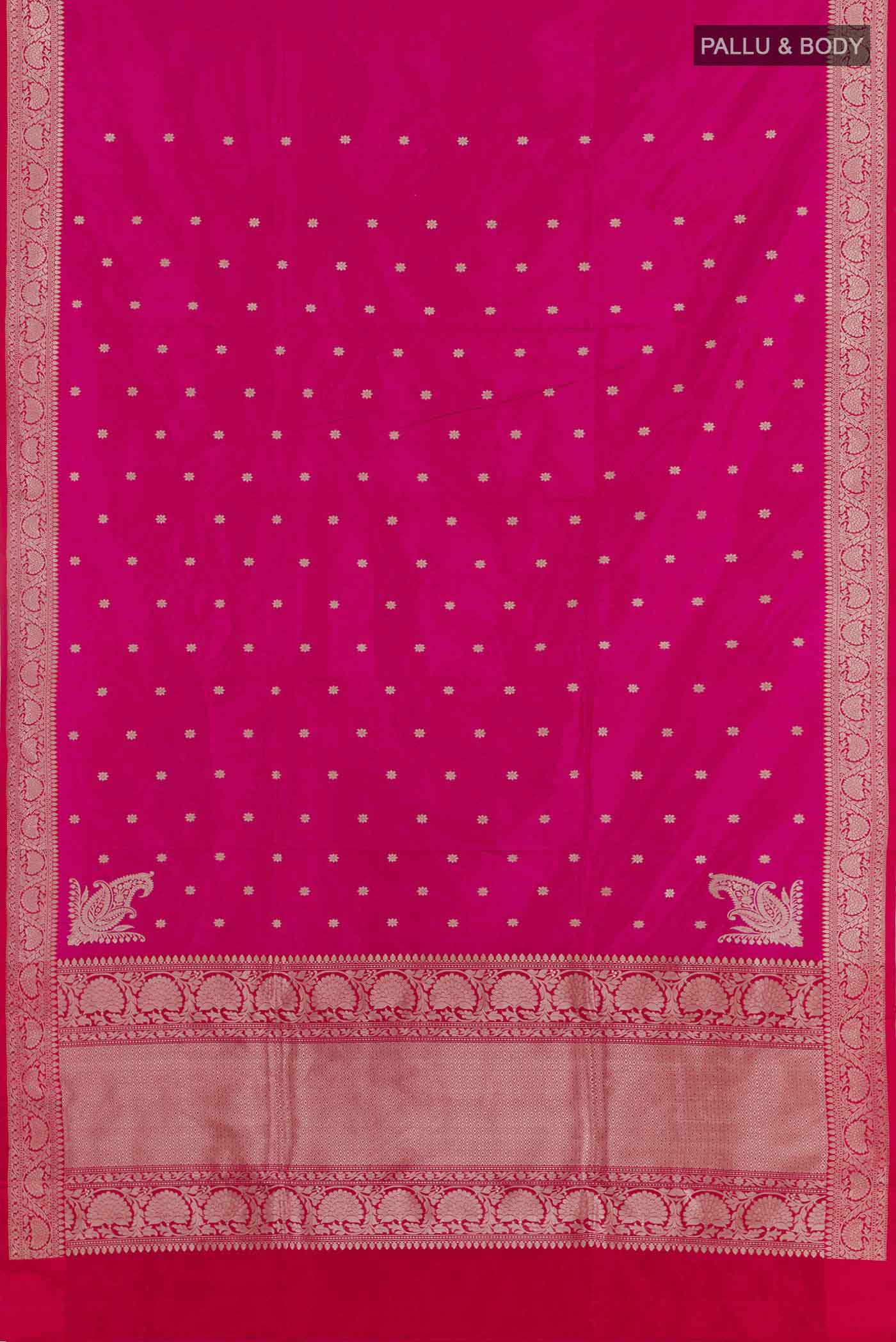 Flat view of Pink Banarasi Katan Silk Saree with Zari Butta on the body and Zari Border. 