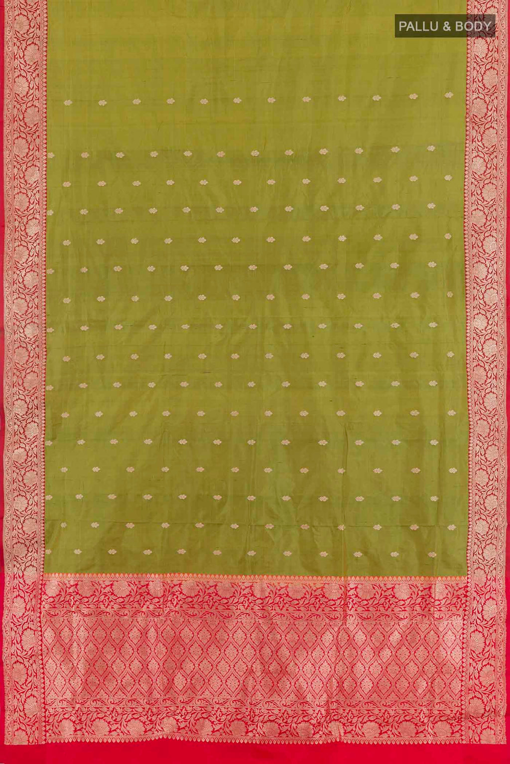 Flat view of Mehandi Green Banarasi Katan Silk Saree with Zari Butta on the body and Zari Border. 