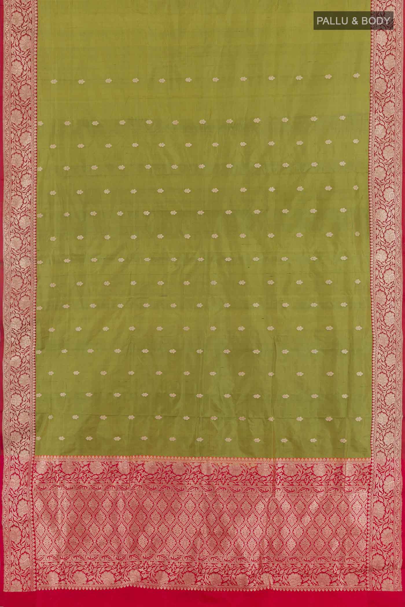 Flat view of Mehandi Green Banarasi Katan Silk Saree with Zari Butta on the body and Zari Border. 